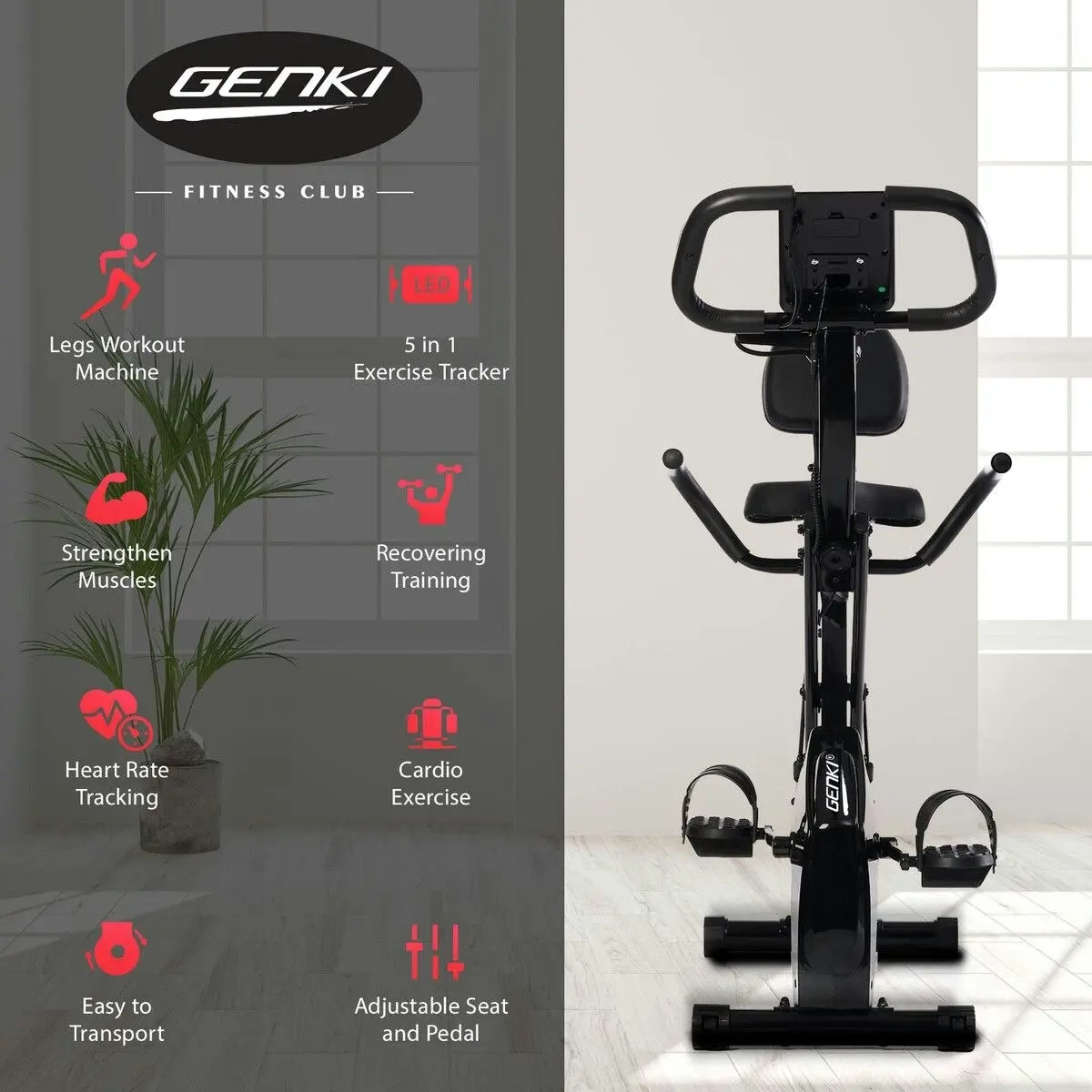 Genki  Exercise Bike 4in1 Foldable Bicycle Home Gym Equipment Magnetic Indoor Cycling Trainer Adjustable Resistance LCD Screen