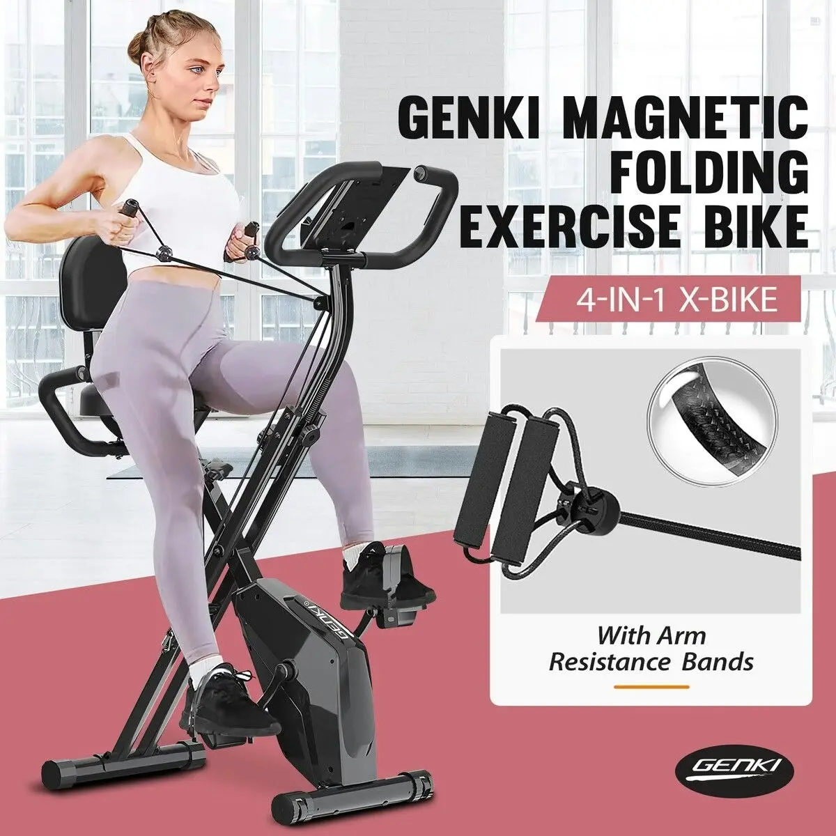 Genki  Exercise Bike 4in1 Foldable Bicycle Home Gym Equipment Magnetic Indoor Cycling Trainer Adjustable Resistance LCD Screen