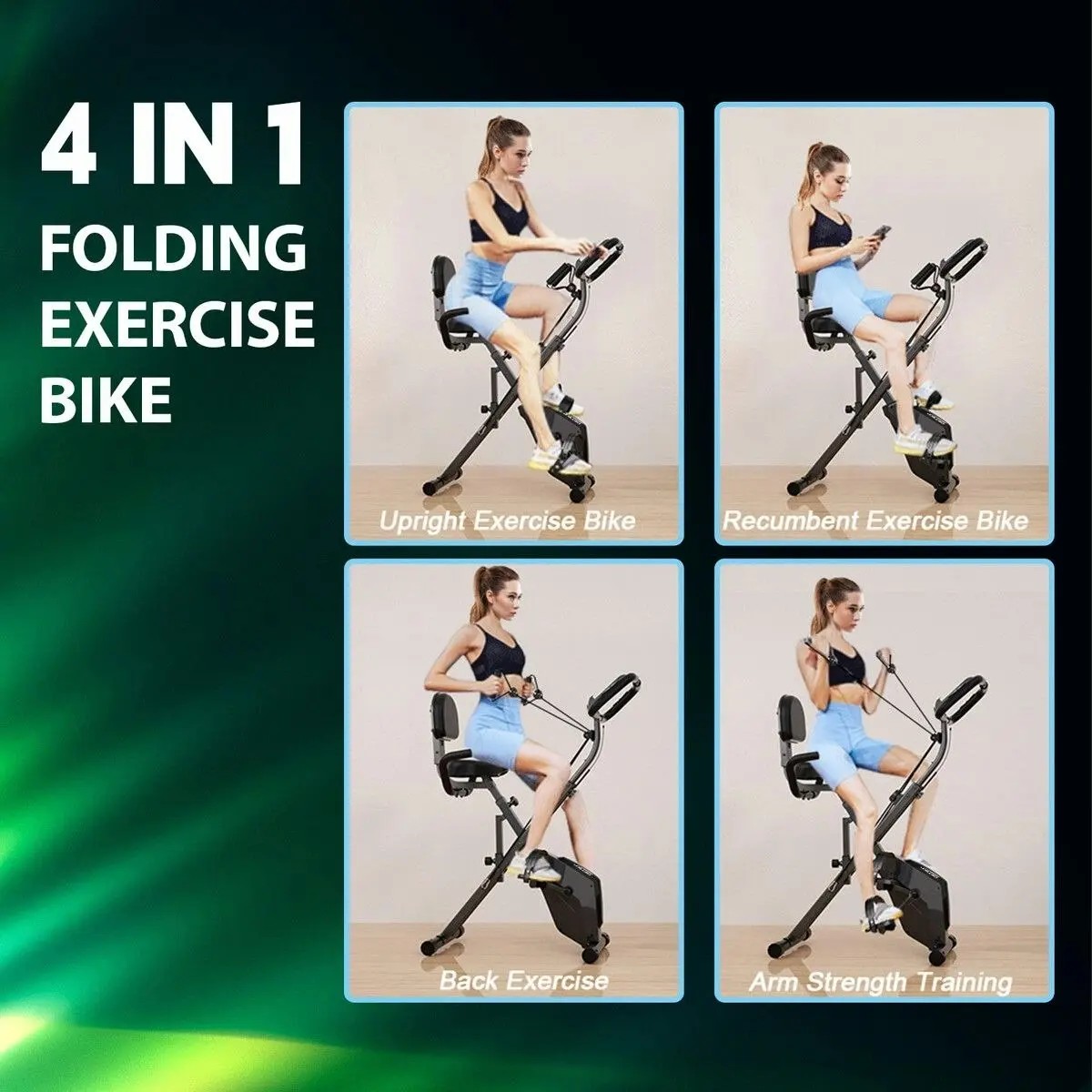 Genki  Exercise Bike 4in1 Foldable Bicycle Home Gym Equipment Magnetic Indoor Cycling Trainer Adjustable Resistance LCD Screen