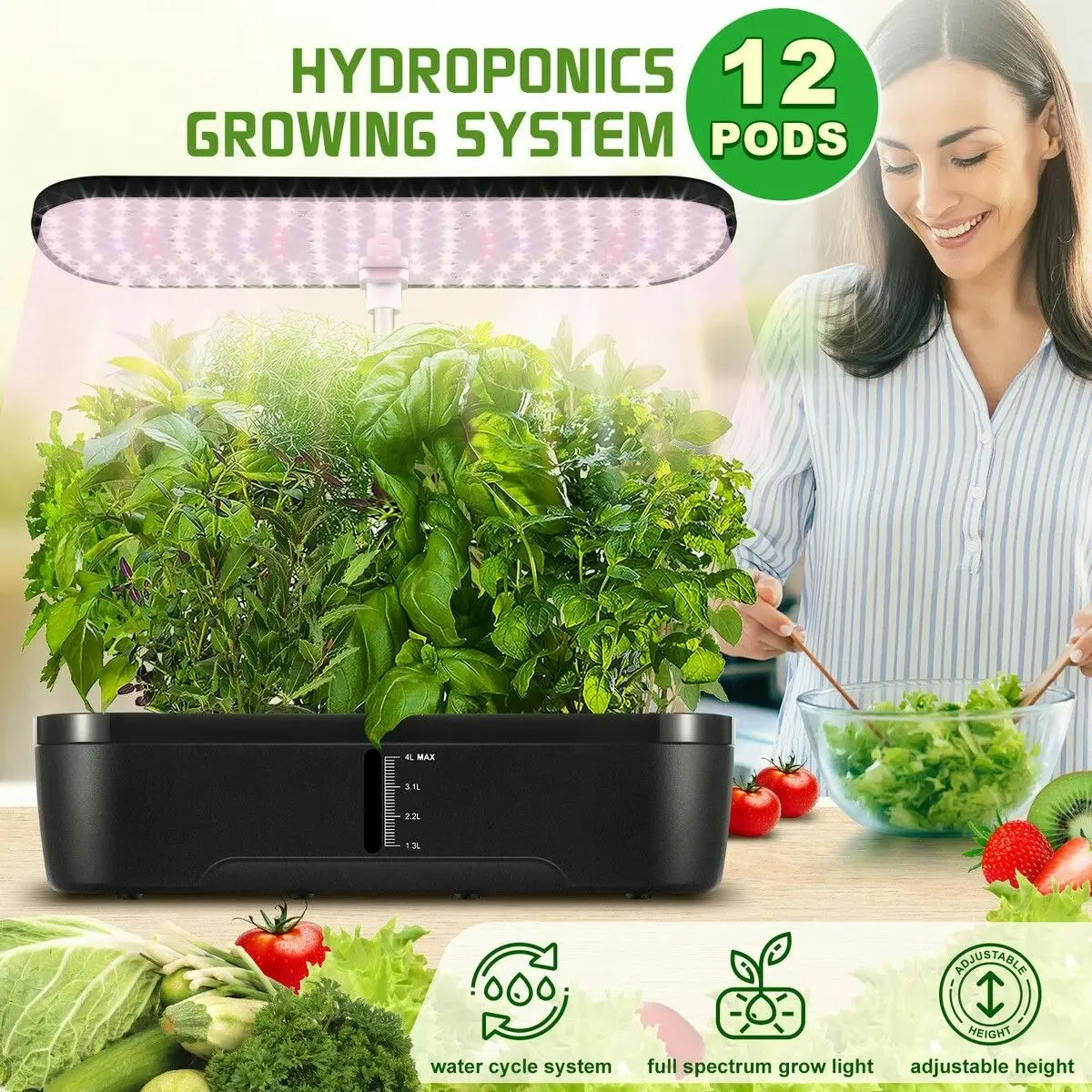 Maxkon 12 Pods Hydroponics Growing System Indoor Herb Garden Kit Plant Germination Full Spectrum 20W LED Light Smart Planter Water Pump 4L Tank