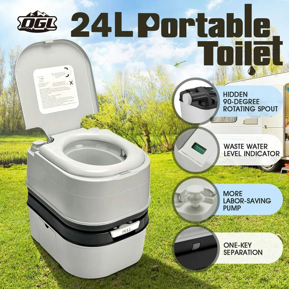 Ausway Portable Toilet Camping Potties Travel Porta Potty Mobile Bathroom Black and Grey 44.5x35x44cm 24L