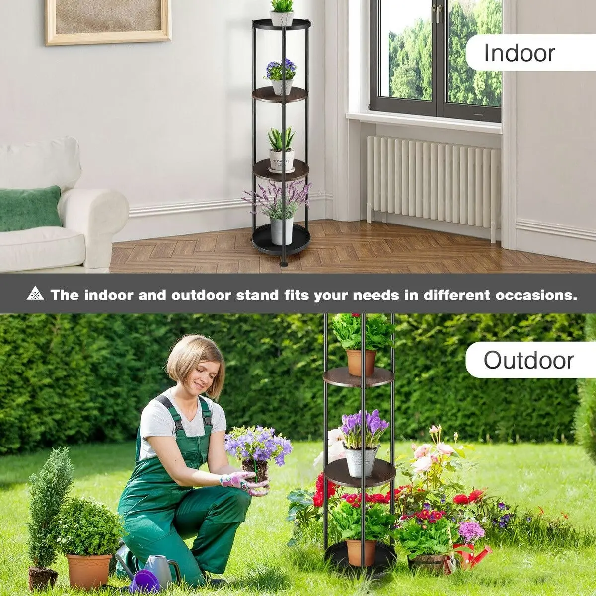 Ausway 4 Tier Plant Pot Stand Metal Flower Corner Shelf Holder Display Unit Indoor Outdoor Shelves Plywood Garden Storage Rack