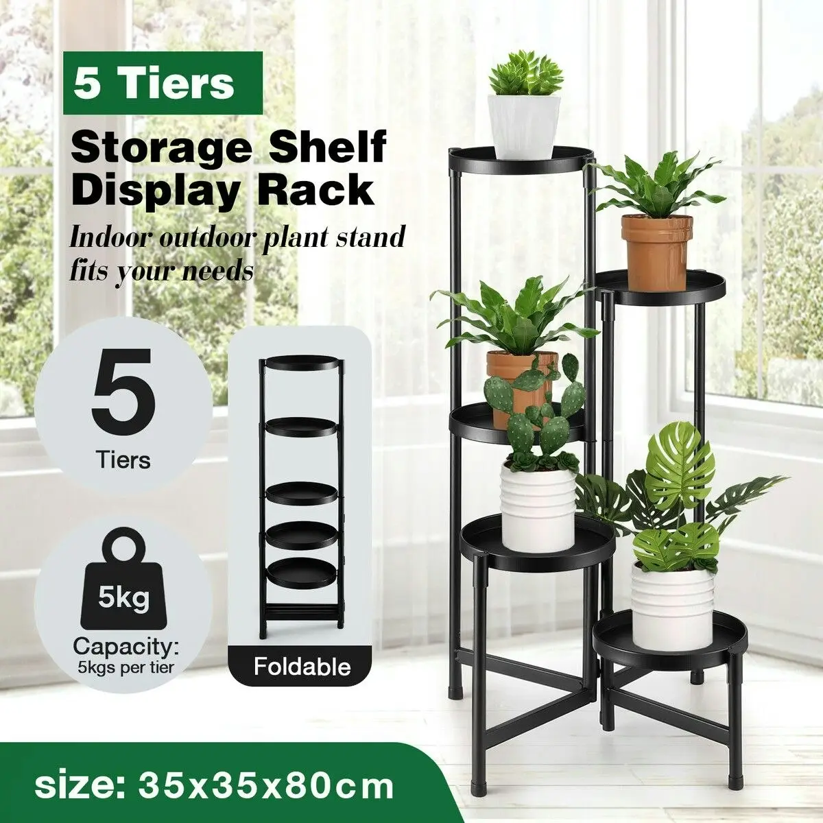 Ausway 5 Tier Plant Pot Stand Metal Foldable Flower Holder Corner Shelf Display Unit Indoor Outdoor Garden Shelves Storage Rack