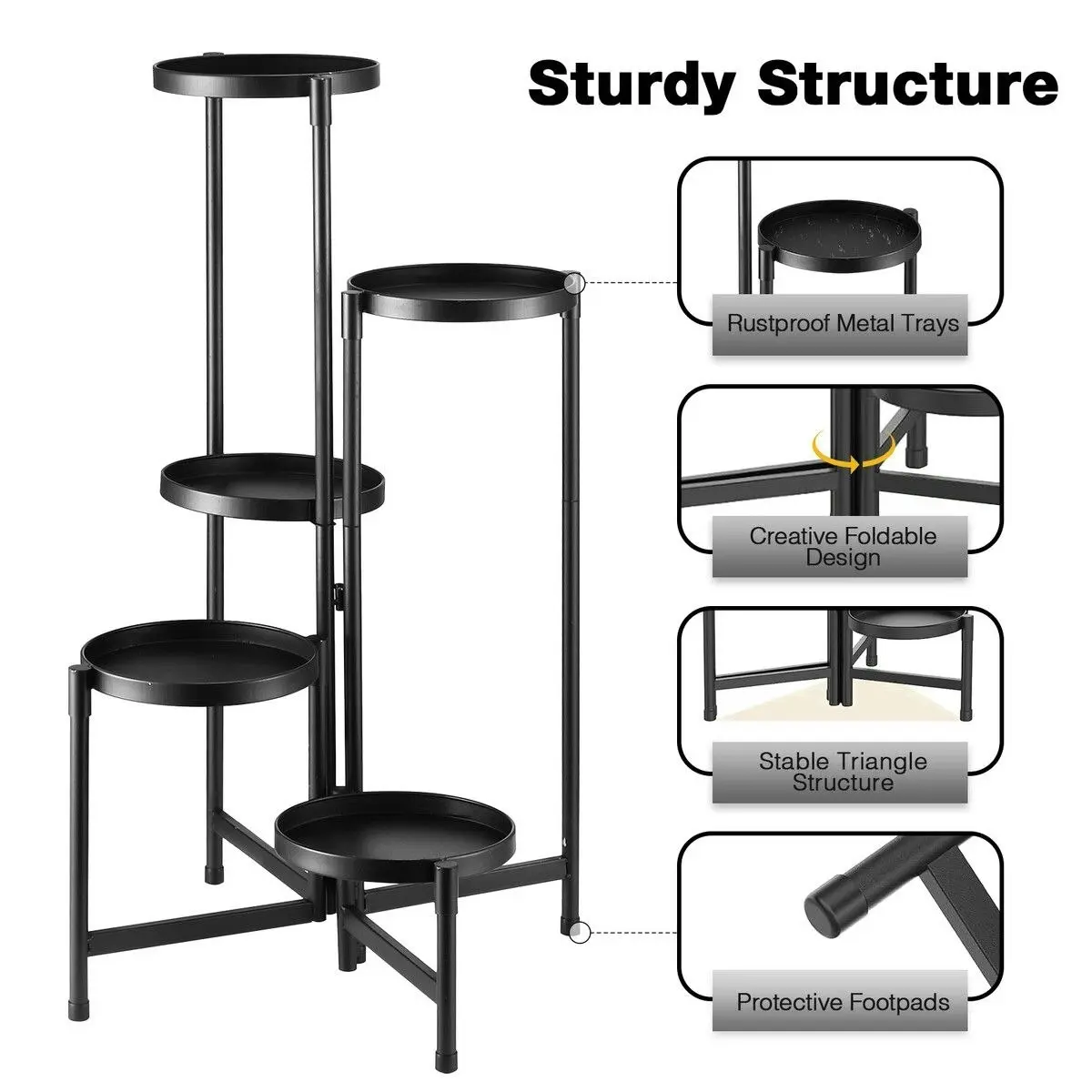 Ausway 5 Tier Plant Pot Stand Metal Foldable Flower Holder Corner Shelf Display Unit Indoor Outdoor Garden Shelves Storage Rack