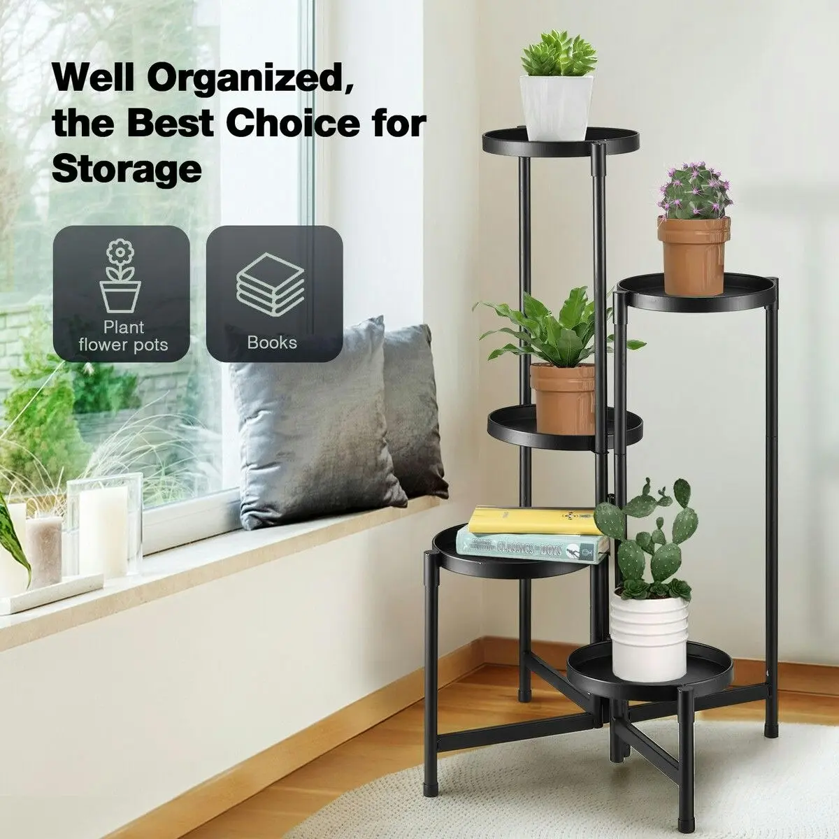 Ausway 5 Tier Plant Pot Stand Metal Foldable Flower Holder Corner Shelf Display Unit Indoor Outdoor Garden Shelves Storage Rack