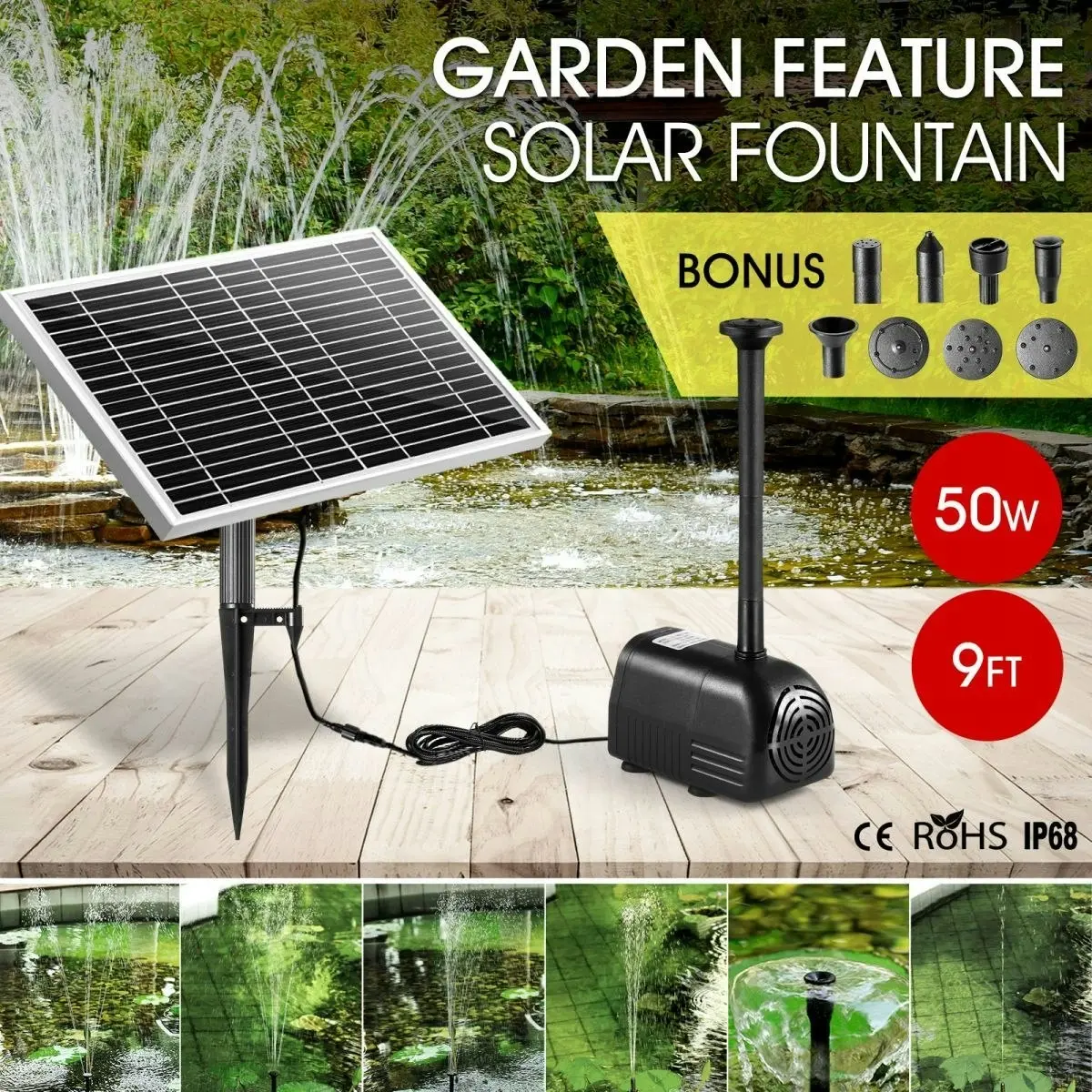 Ausway 50W Solar Powered Fountain Water Pump for Birdbath Fish Pond Garden Pool