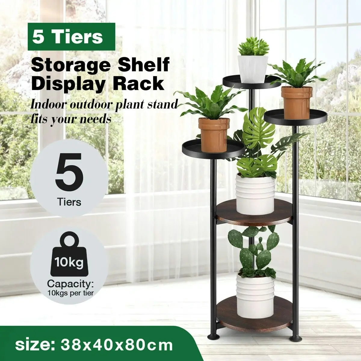 Ausway 5 Tier Plant Stand Flower Pot Metal Corner Shelf Holder Indoor Display Unit Outdoor Garden Plywood Storage Rack