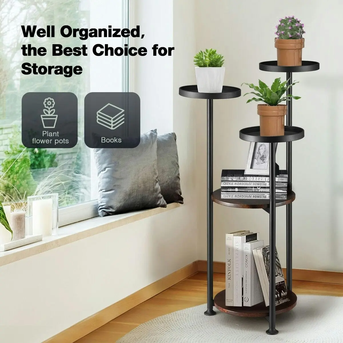 Ausway 5 Tier Plant Stand Flower Pot Metal Corner Shelf Holder Indoor Display Unit Outdoor Garden Plywood Storage Rack