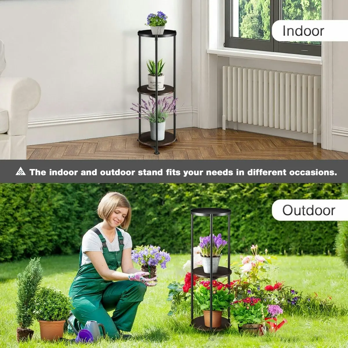 Ausway 3 Tier Plant Pot Stand Metal Flower Holder Corner Shelf Unit Indoor Outdoor Display Shelves Garden Plywood Storage Rack