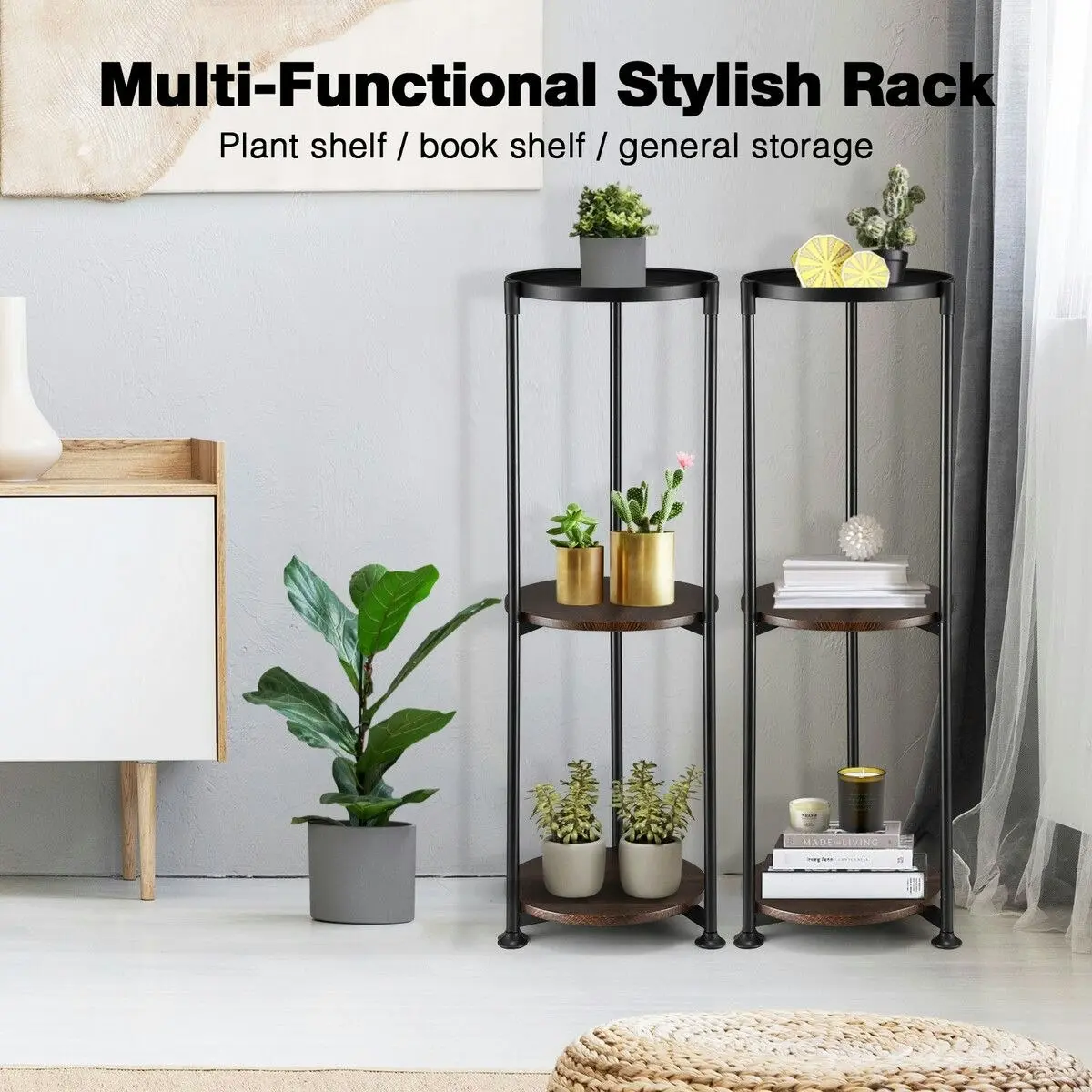 Ausway 3 Tier Plant Pot Stand Metal Flower Holder Corner Shelf Unit Indoor Outdoor Display Shelves Garden Plywood Storage Rack