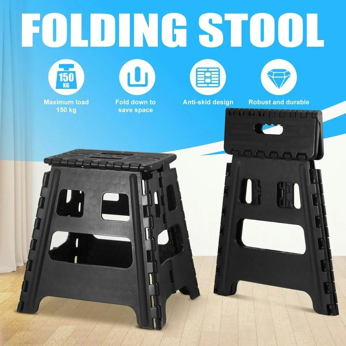 Ausway Black Foldable Step Stool with Handle Footstool Plastic Childrens Chair Portable Helper Kitchen Potty Bathroom 29x22x39cm