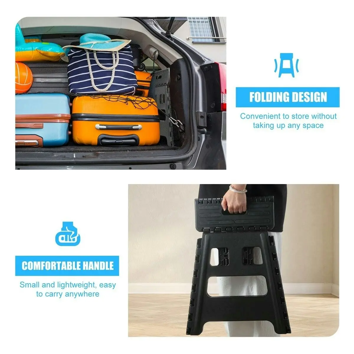 Ausway Black Foldable Step Stool with Handle Footstool Plastic Childrens Chair Portable Helper Kitchen Potty Bathroom 29x22x39cm