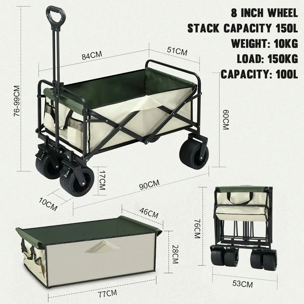 Ausway Garden Beach Cart Wagon Foldable Utility Shopping Trolley Trailer Outdoor Picnic Camping Sports Market Barrow Luggage Grocery Collapsible 150kg