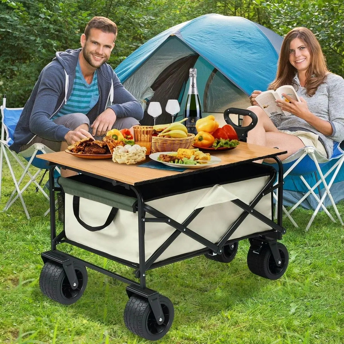 Ausway Garden Beach Cart Wagon Foldable Utility Shopping Trolley Trailer Outdoor Picnic Camping Sports Market Barrow Luggage Grocery Collapsible 150kg