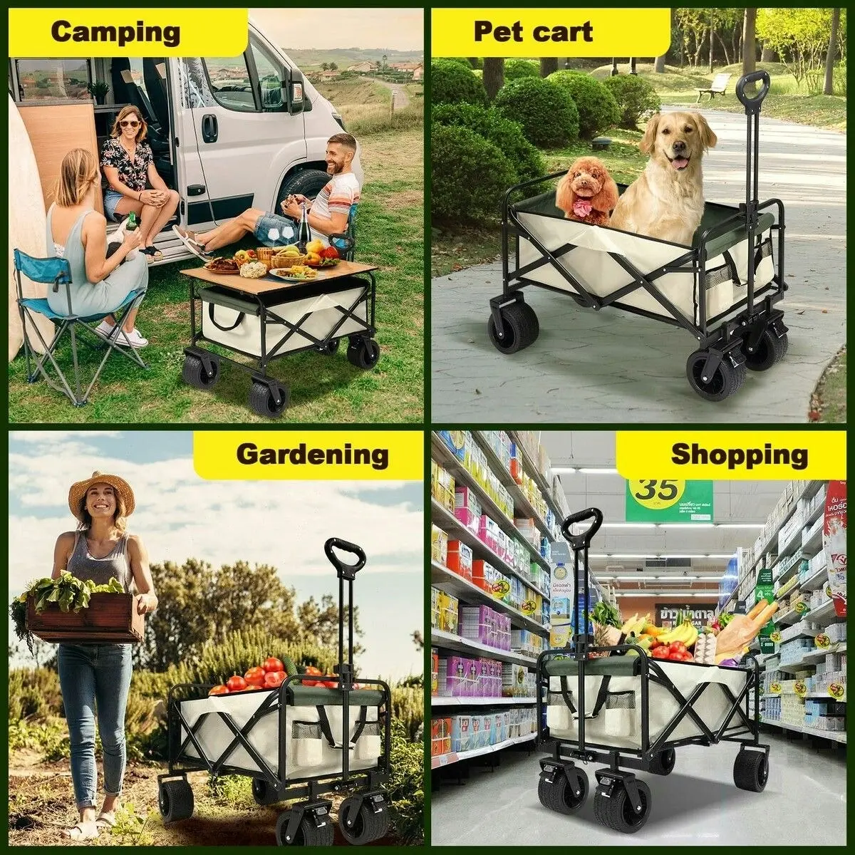 Ausway Garden Beach Cart Wagon Foldable Utility Shopping Trolley Trailer Outdoor Picnic Camping Sports Market Barrow Luggage Grocery Collapsible 150kg