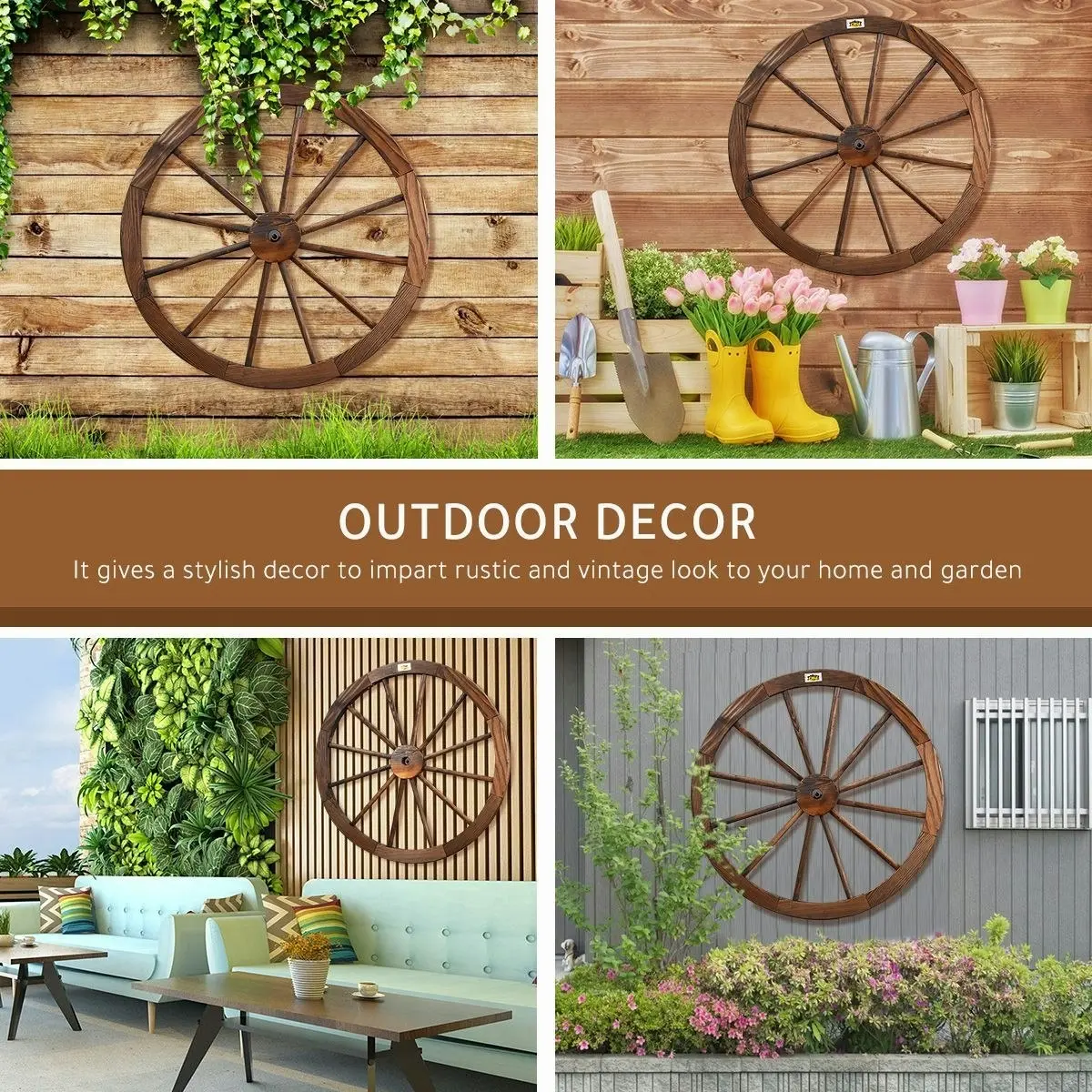 Ausway Wooden Wagon Wheel Outdoor Decoration Garden Ornaments 30" Timber