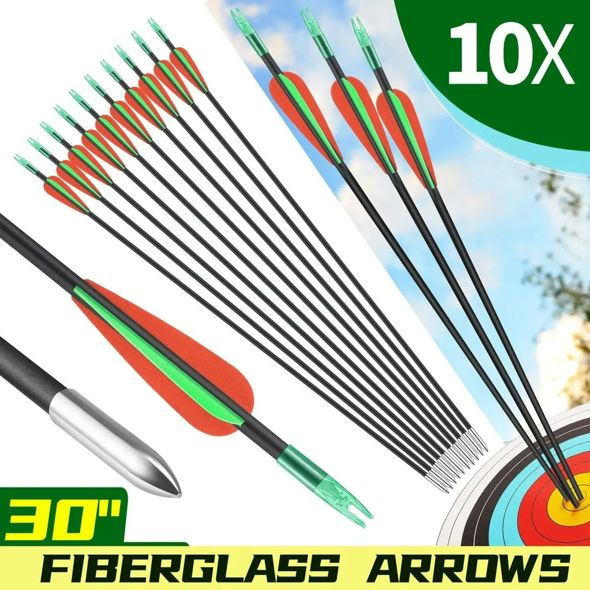 Ausway 10x Fiberglass Arrows 76.2cm Archery Target Shooting Practice 18-42lb Compound Recurve Bow Youth Beginners Dia. 6mm