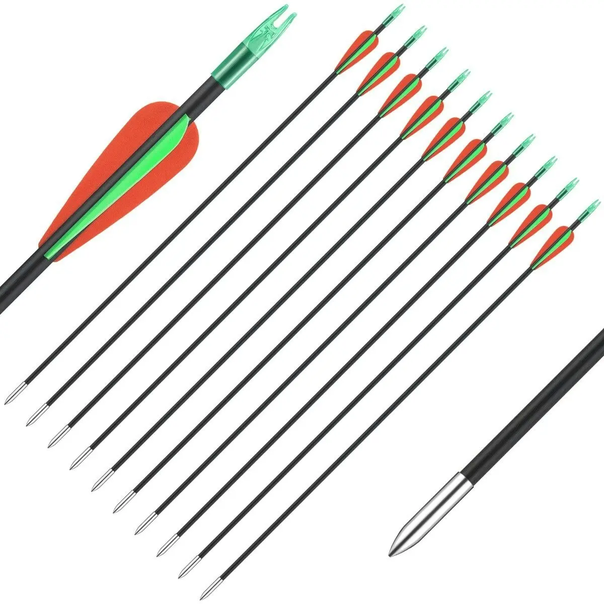 Ausway 10x Fiberglass Arrows 76.2cm Archery Target Shooting Practice 18-42lb Compound Recurve Bow Youth Beginners Dia. 6mm