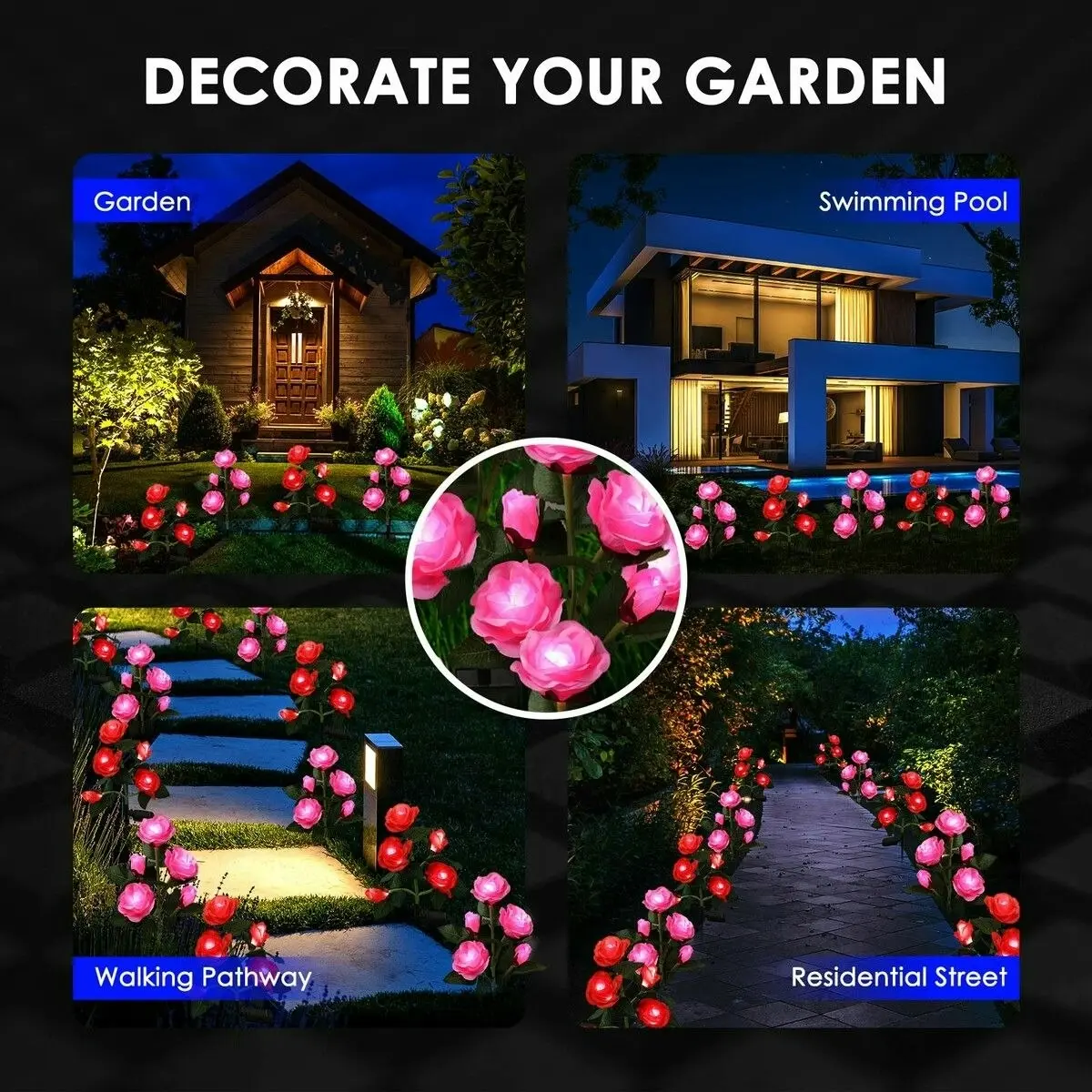 Maxkon 2 PCS Solar Rose Lights LED Lamps Flower Stake Outdoor Garden Lawn Path Walk Driveway Patio Yard Luminous Waterproof Festive Home Decor