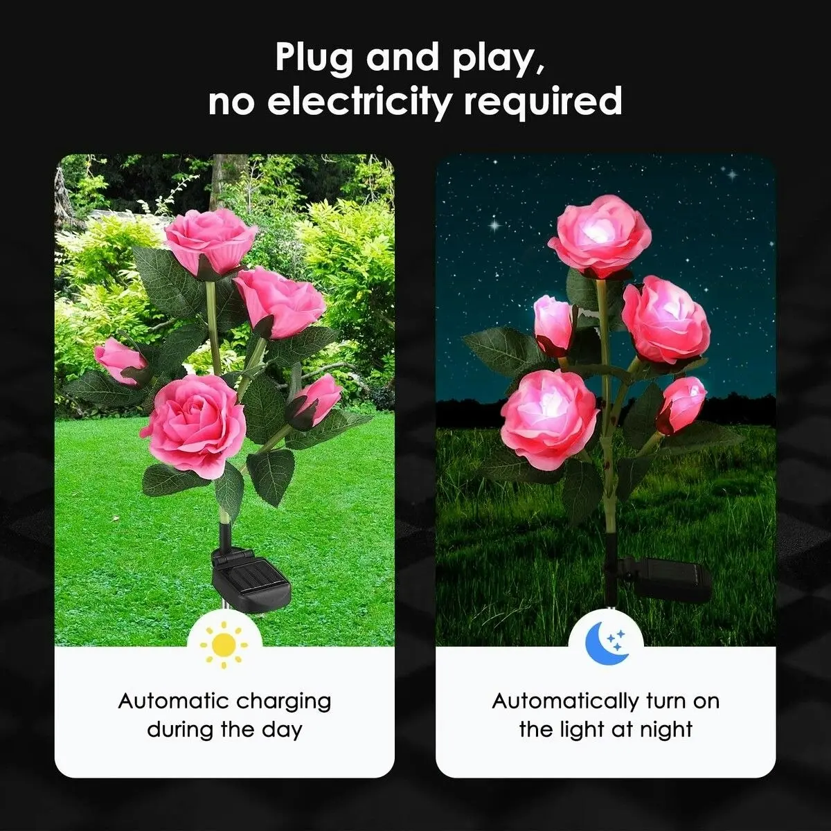 Maxkon 2 PCS Solar Rose Lights LED Lamps Flower Stake Outdoor Garden Lawn Path Walk Driveway Patio Yard Luminous Waterproof Festive Home Decor