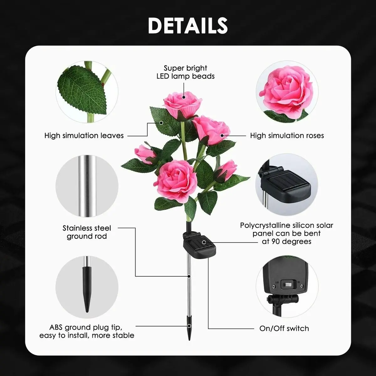 Maxkon 2 PCS Solar Rose Lights LED Lamps Flower Stake Outdoor Garden Lawn Path Walk Driveway Patio Yard Luminous Waterproof Festive Home Decor