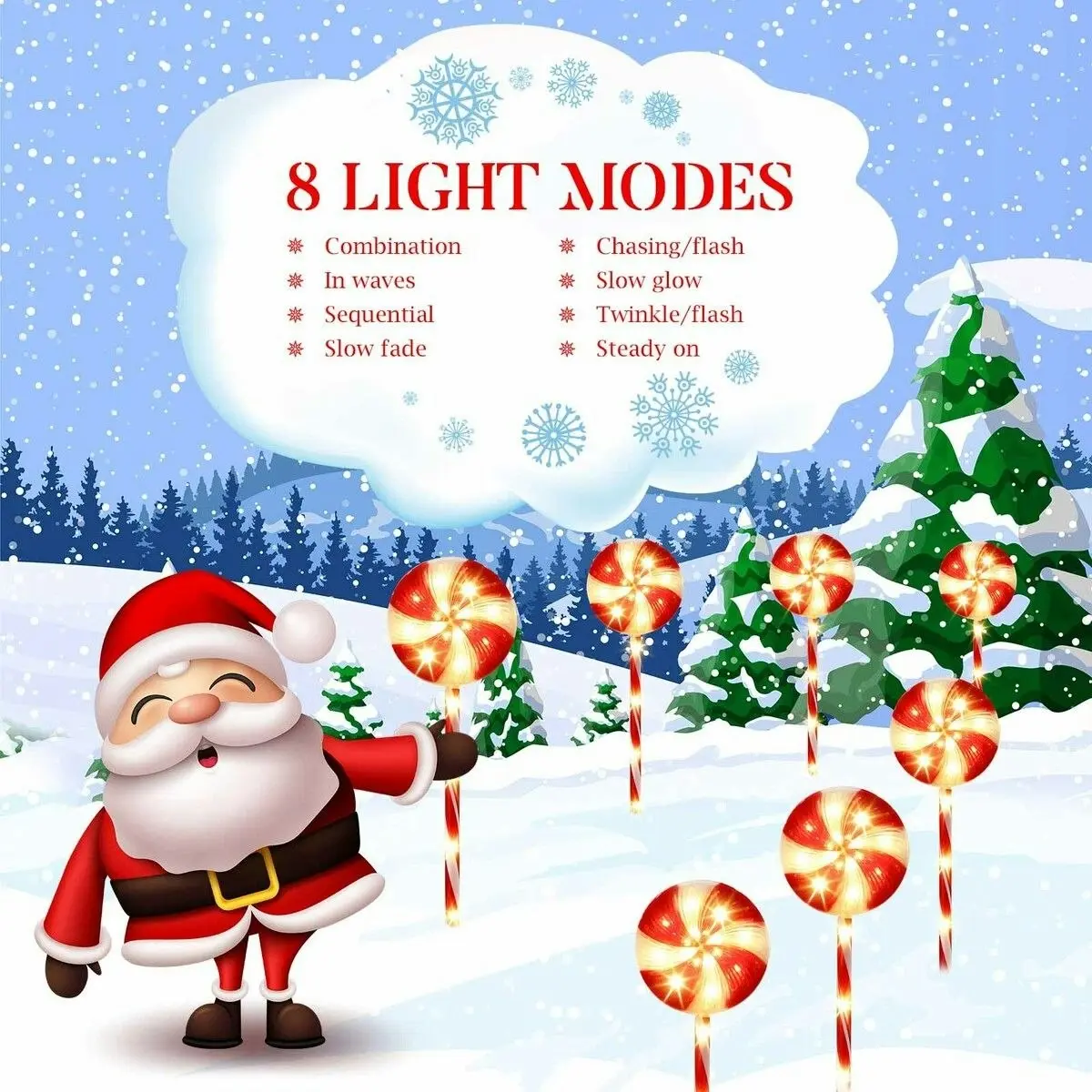 Solight 5 PCS Candy Cane Christmas Lights Lollipop Pole 100 LED Rope Bulbs Outdoor Decor Xmas Holiday Garden Pathway Marker 8 Flash Modes