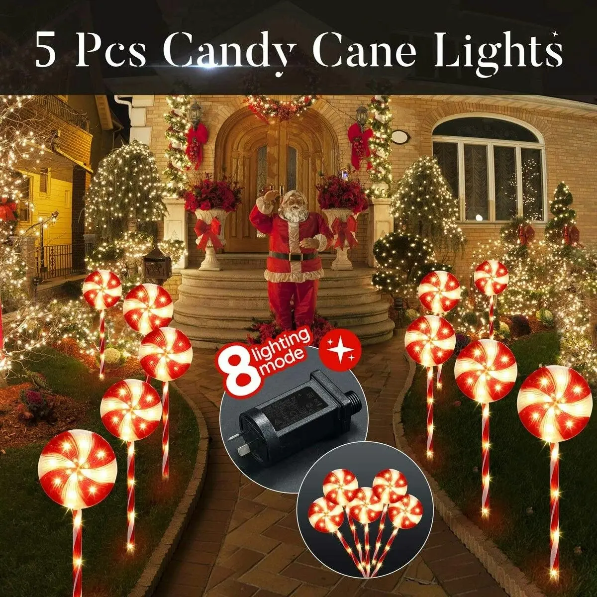 Solight 5 PCS Candy Cane Christmas Lights Lollipop Pole 100 LED Rope Bulbs Outdoor Decor Xmas Holiday Garden Pathway Marker 8 Flash Modes