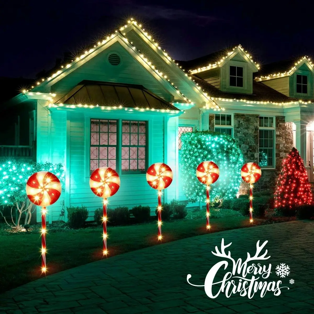 Solight 5 PCS Candy Cane Christmas Lights Lollipop Pole 100 LED Rope Bulbs Outdoor Decor Xmas Holiday Garden Pathway Marker 8 Flash Modes