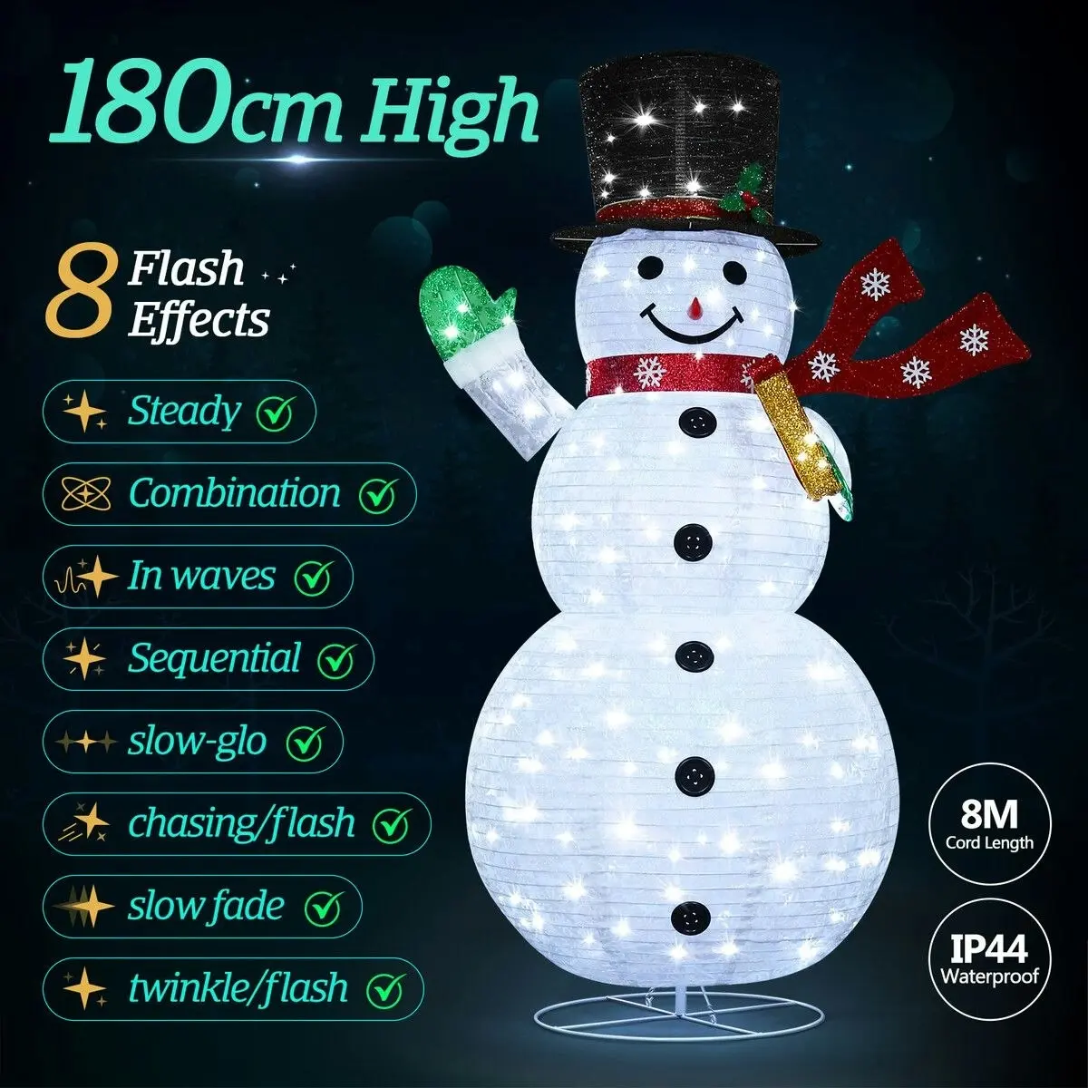 Solight 180cm Christmas Light Snowman Decoration 200 LED Strip Home Display Outdoor Xmas Holiday House Ornament Folding 8 Flickering Effects