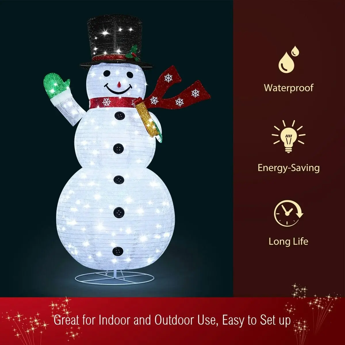 Solight 180cm Christmas Light Snowman Decoration 200 LED Strip Home Display Outdoor Xmas Holiday House Ornament Folding 8 Flickering Effects