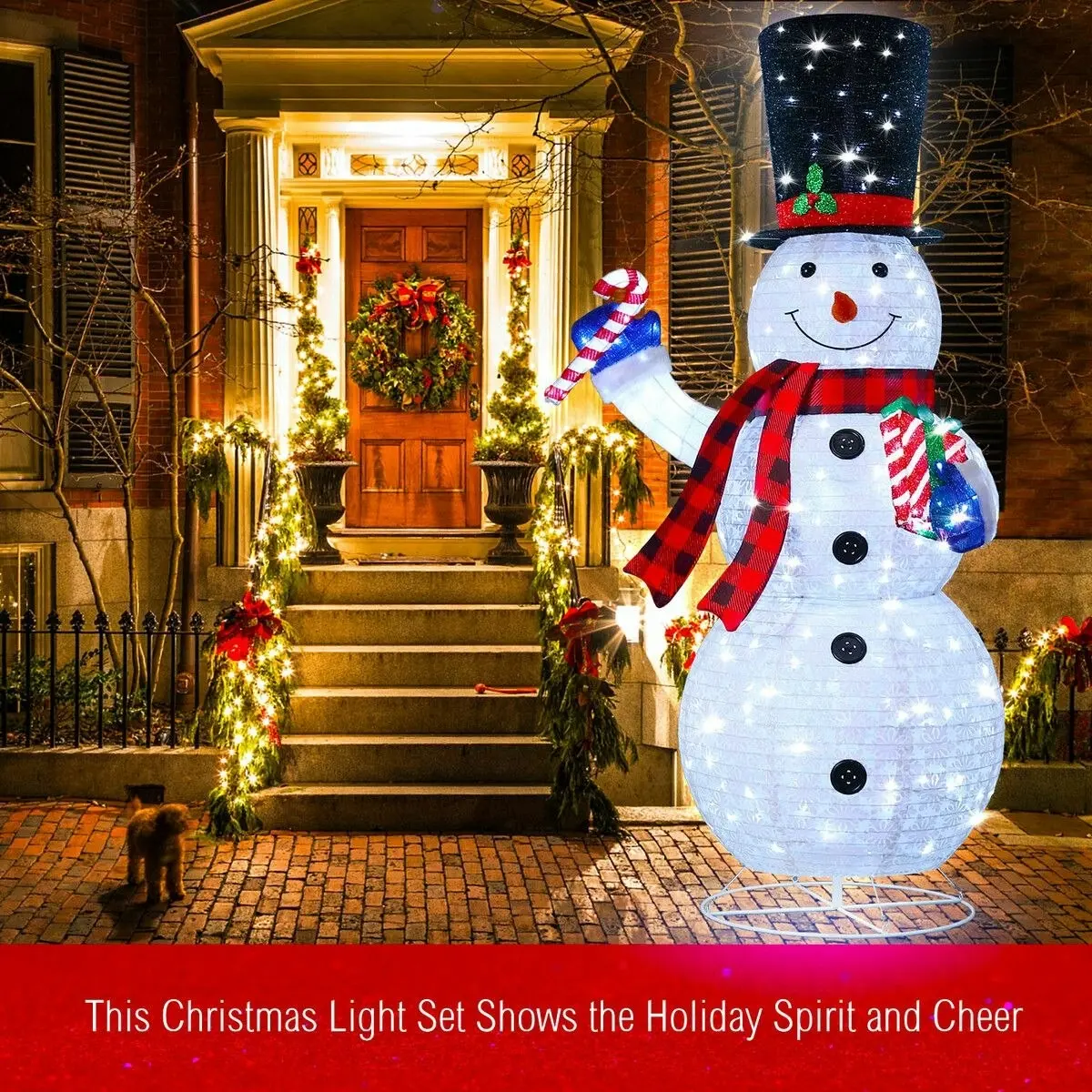 Solight 180cm Snowman Christmas Light Outdoor Decor LED Fairy String Ornament Top Hat Candy Cane Xmas Gift Box Collapsible Figurine Holiday 8 Flash Modes