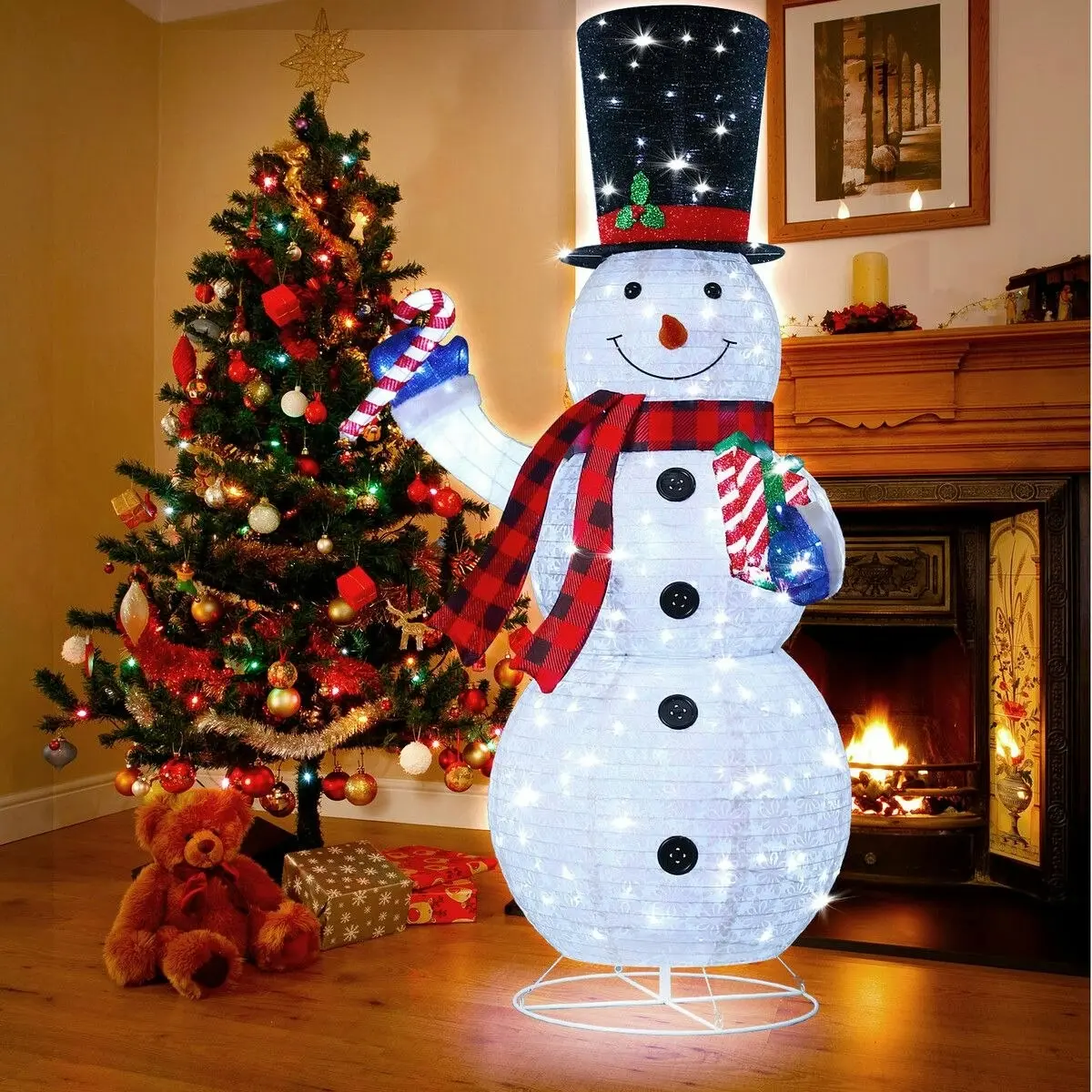 Solight 180cm Snowman Christmas Light Outdoor Decor LED Fairy String Ornament Top Hat Candy Cane Xmas Gift Box Collapsible Figurine Holiday 8 Flash Modes