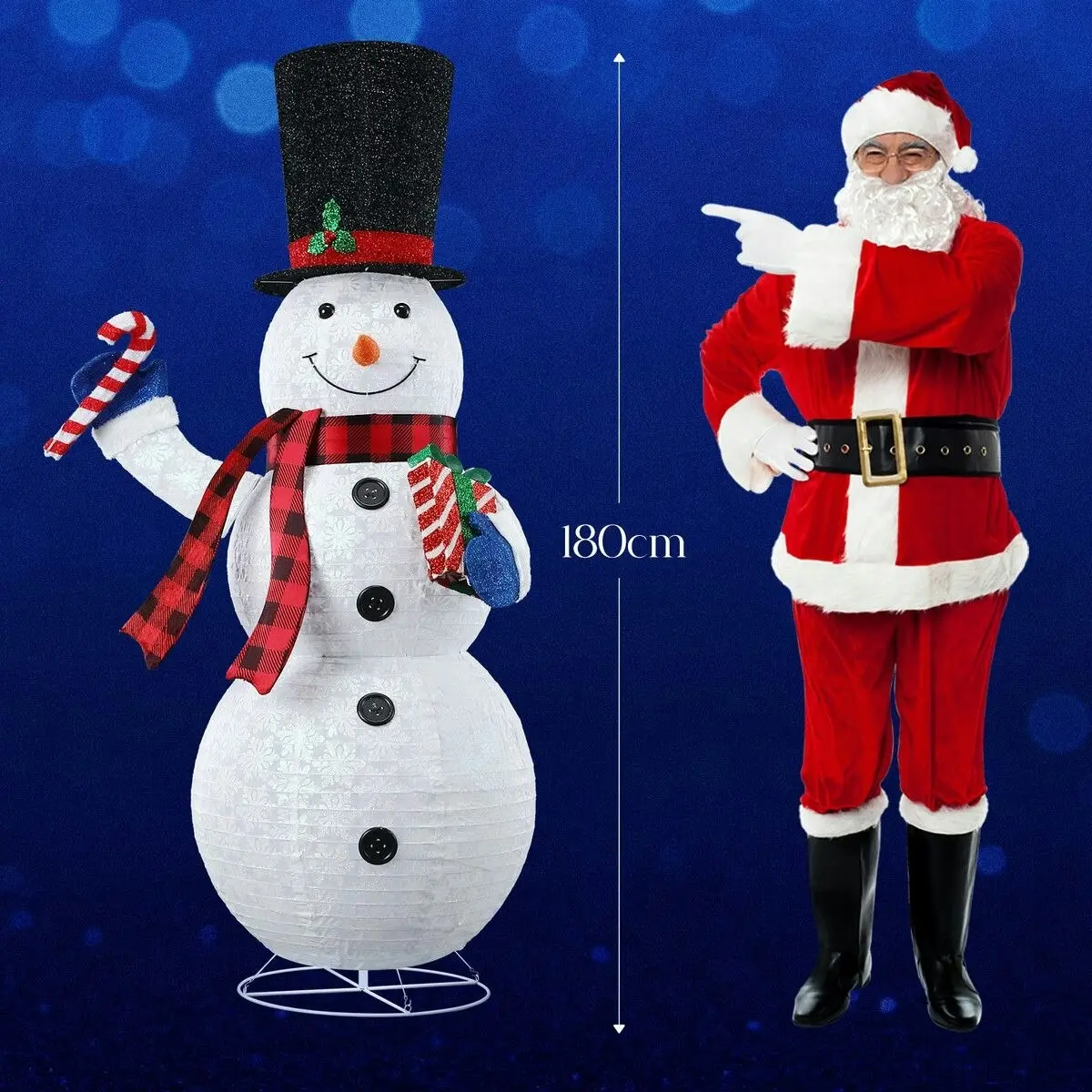 Solight 180cm Snowman Christmas Light Outdoor Decor LED Fairy String Ornament Top Hat Candy Cane Xmas Gift Box Collapsible Figurine Holiday 8 Flash Modes