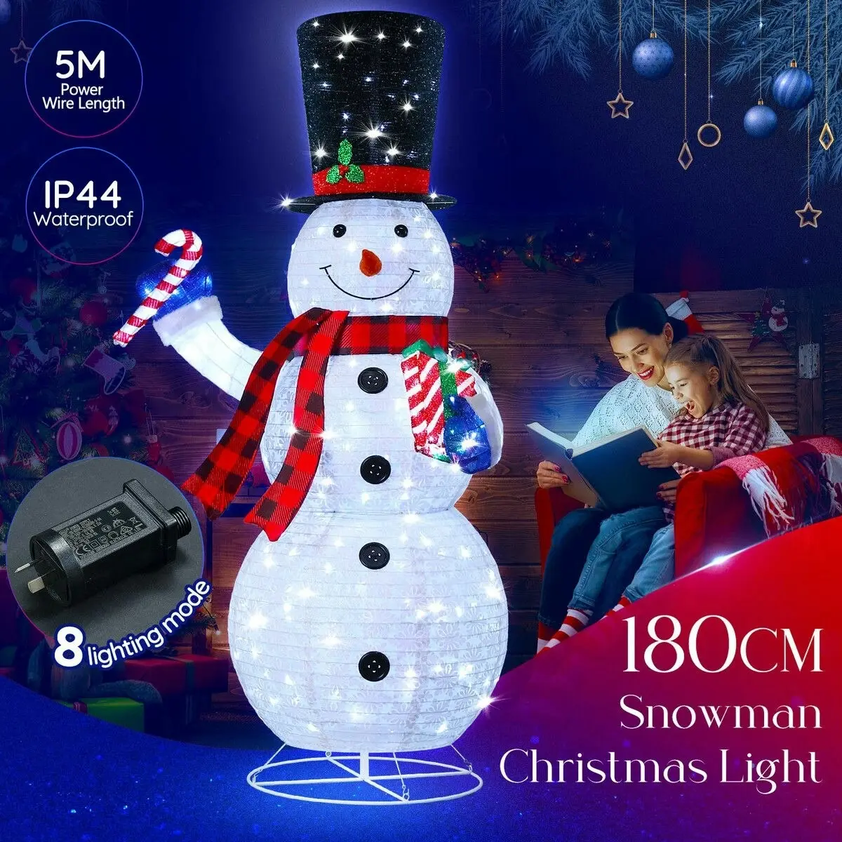 Solight 180cm Snowman Christmas Light Outdoor Decor LED Fairy String Ornament Top Hat Candy Cane Xmas Gift Box Collapsible Figurine Holiday 8 Flash Modes