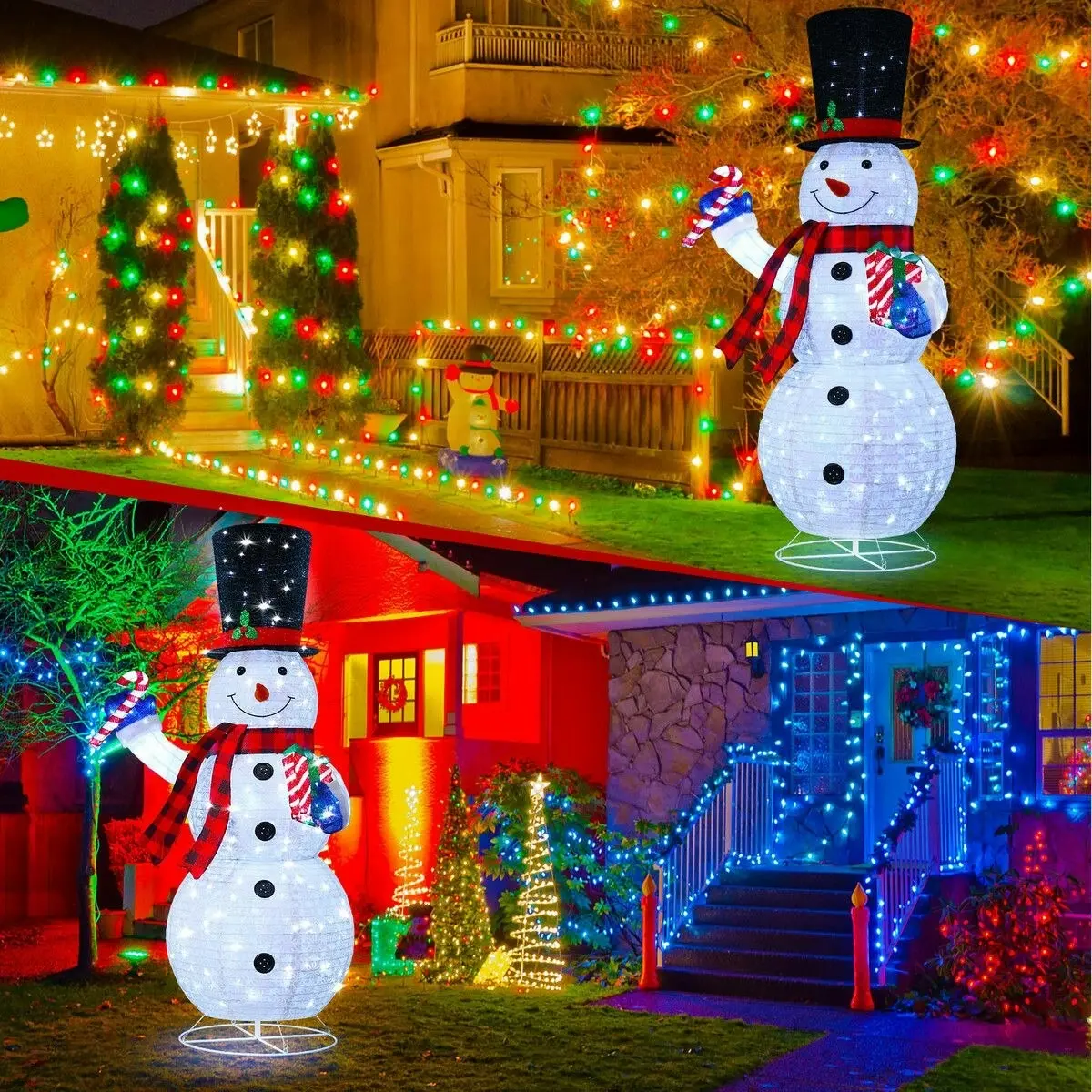 Solight 180cm Snowman Christmas Light Outdoor Decor LED Fairy String Ornament Top Hat Candy Cane Xmas Gift Box Collapsible Figurine Holiday 8 Flash Modes