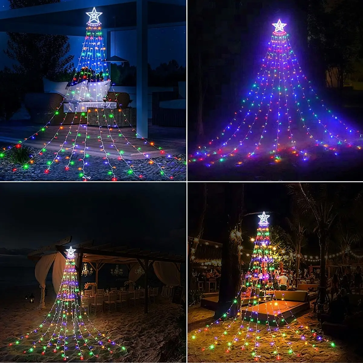 Ausway Solar LED String Light Fairy Waterfall Christmas Tree Decoration Ornament Star Topper Hanging Strip Indoor Outdoor 350 LEDs 9 Strands 8 Lighting Modes