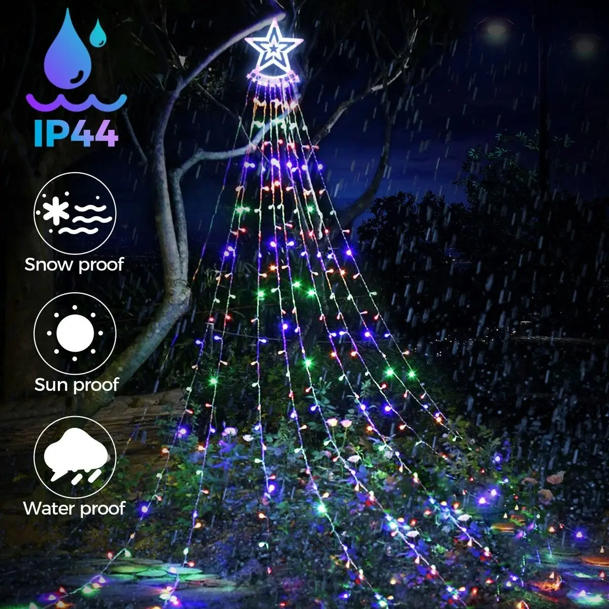 Ausway Solar LED String Light Fairy Waterfall Christmas Tree Decoration Ornament Star Topper Hanging Strip Indoor Outdoor 350 LEDs 9 Strands 8 Lighting Modes