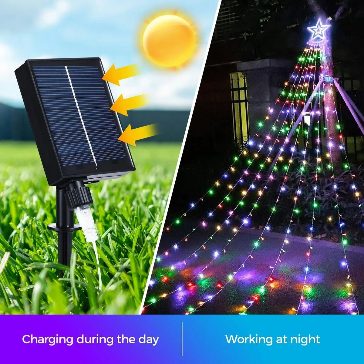 Ausway Solar LED String Light Fairy Waterfall Christmas Tree Decoration Ornament Star Topper Hanging Strip Indoor Outdoor 350 LEDs 9 Strands 8 Lighting Modes