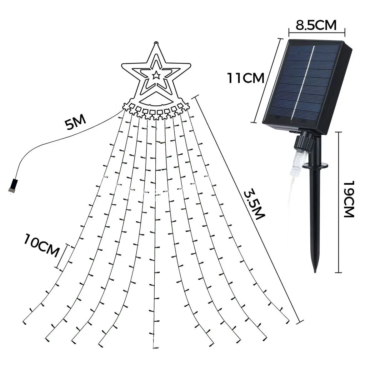 Ausway Solar LED String Light Fairy Waterfall Christmas Tree Decoration Ornament Star Topper Hanging Strip Indoor Outdoor 350 LEDs 9 Strands 8 Lighting Modes