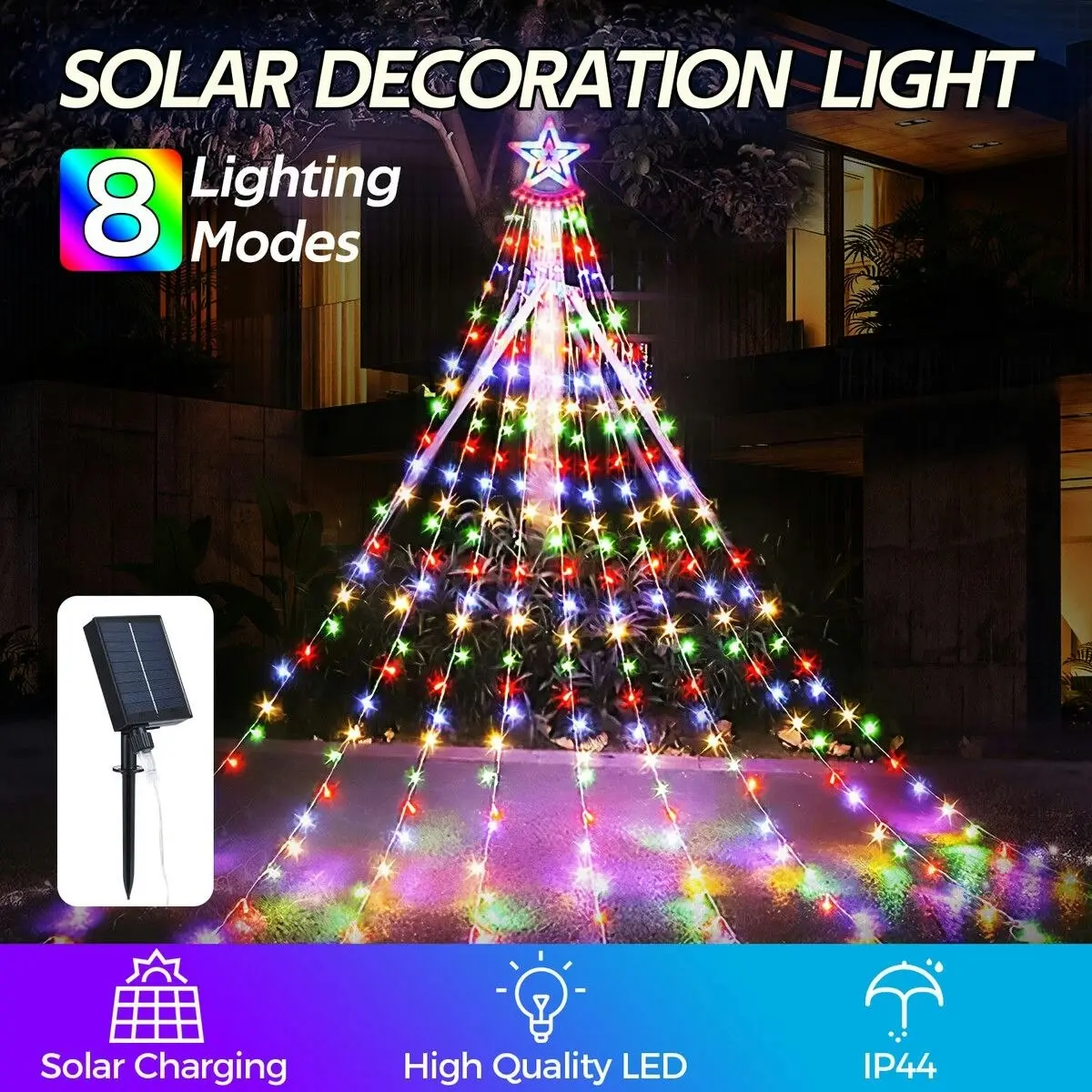 Ausway Solar LED String Light Fairy Waterfall Christmas Tree Decoration Ornament Star Topper Hanging Strip Indoor Outdoor 350 LEDs 9 Strands 8 Lighting Modes