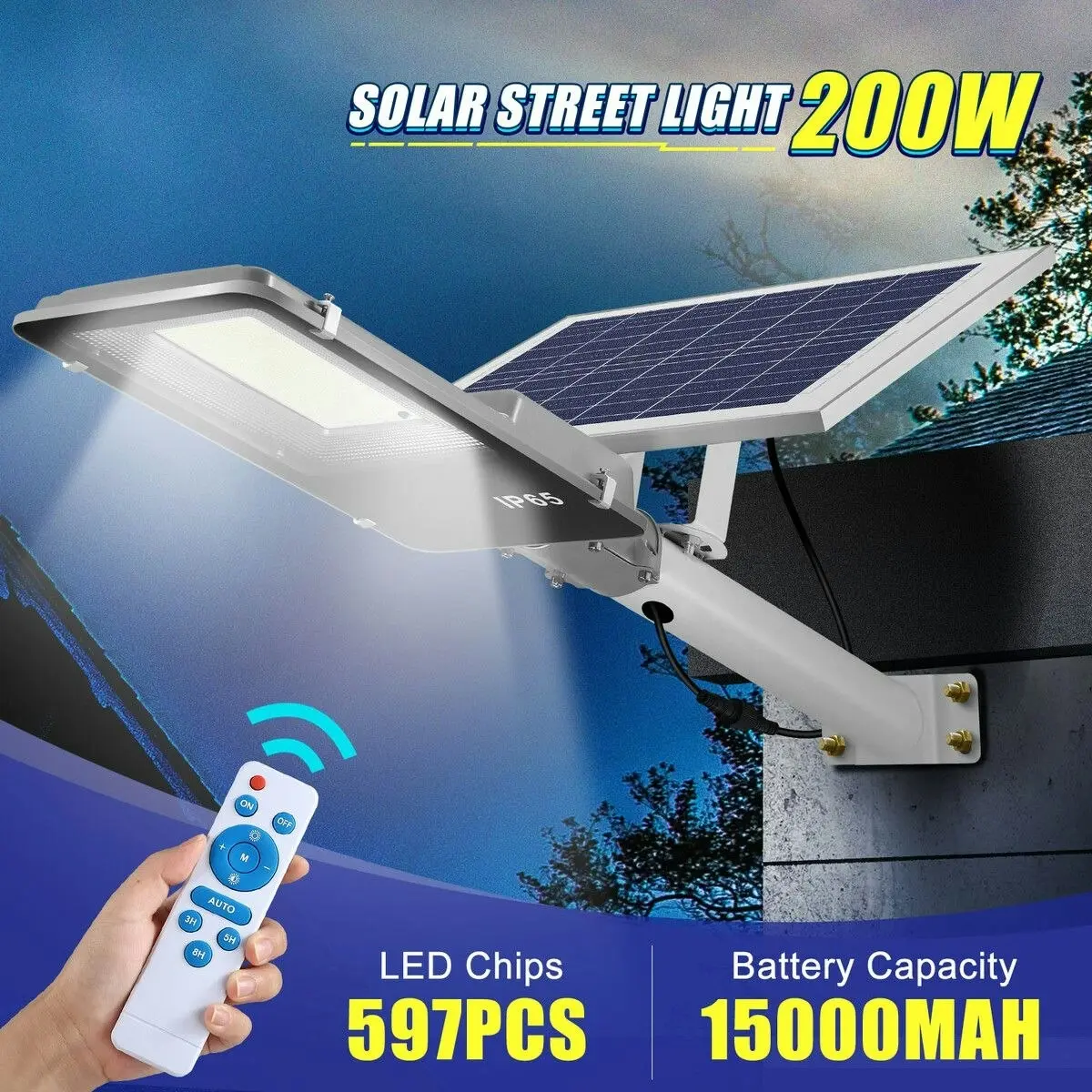 Ausway 597 LED Solar Light 200W Outdoor Garden Street Security Lamp Floodlight Remote Sensor Wall Flood Down Parking Lot Spot Pole Waterproof