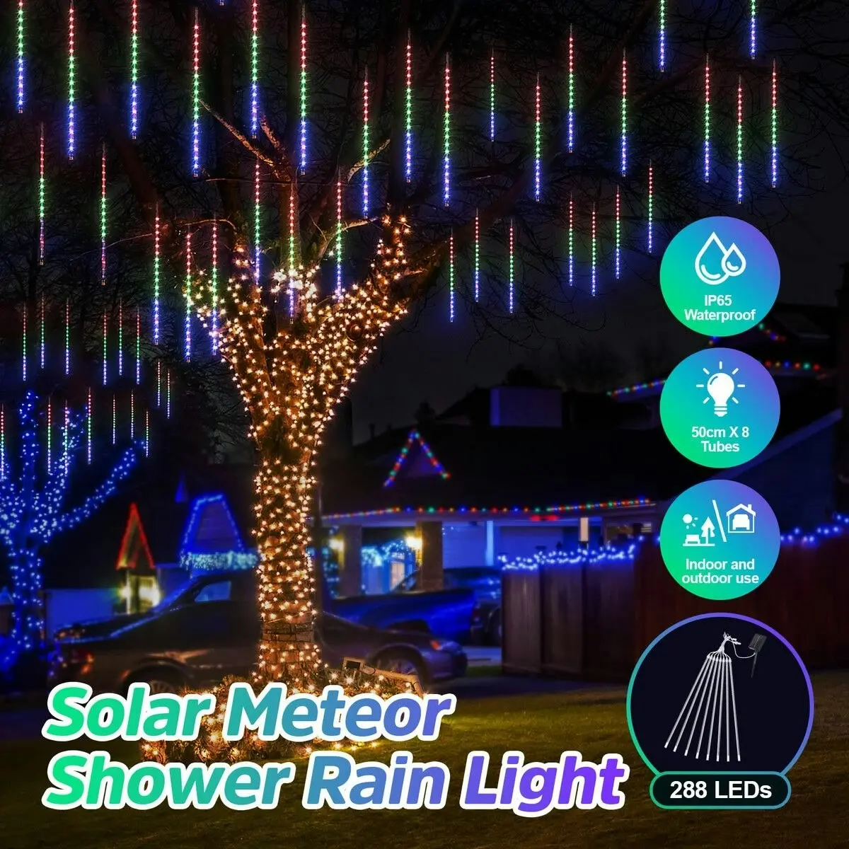 Ausway LED Solar Meteor Shower Rain Drop String Lights Xmas Falling Star Tree Decor Night Outdoor Christmas Garden Waterproof