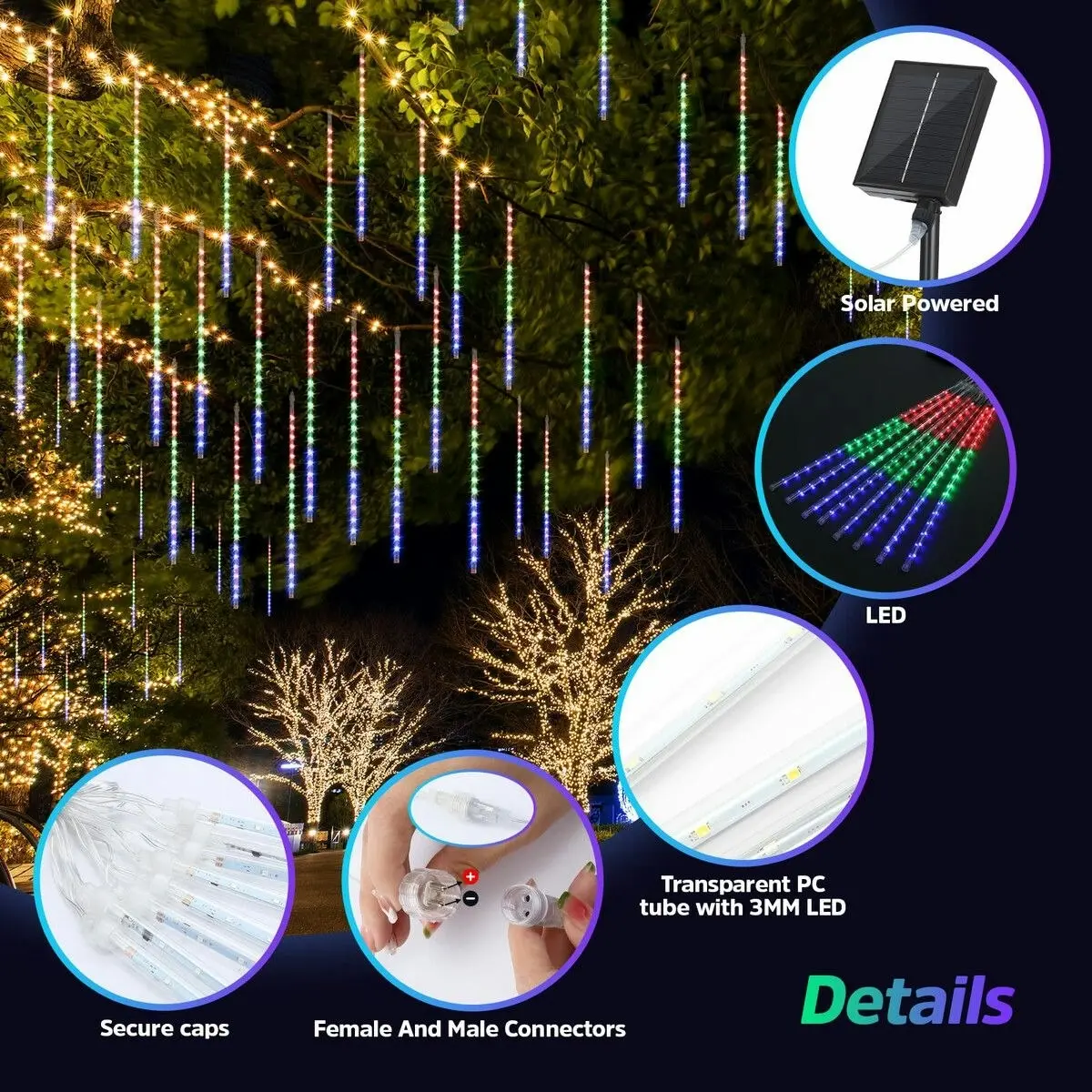 Ausway LED Solar Meteor Shower Rain Drop String Lights Xmas Falling Star Tree Decor Night Outdoor Christmas Garden Waterproof