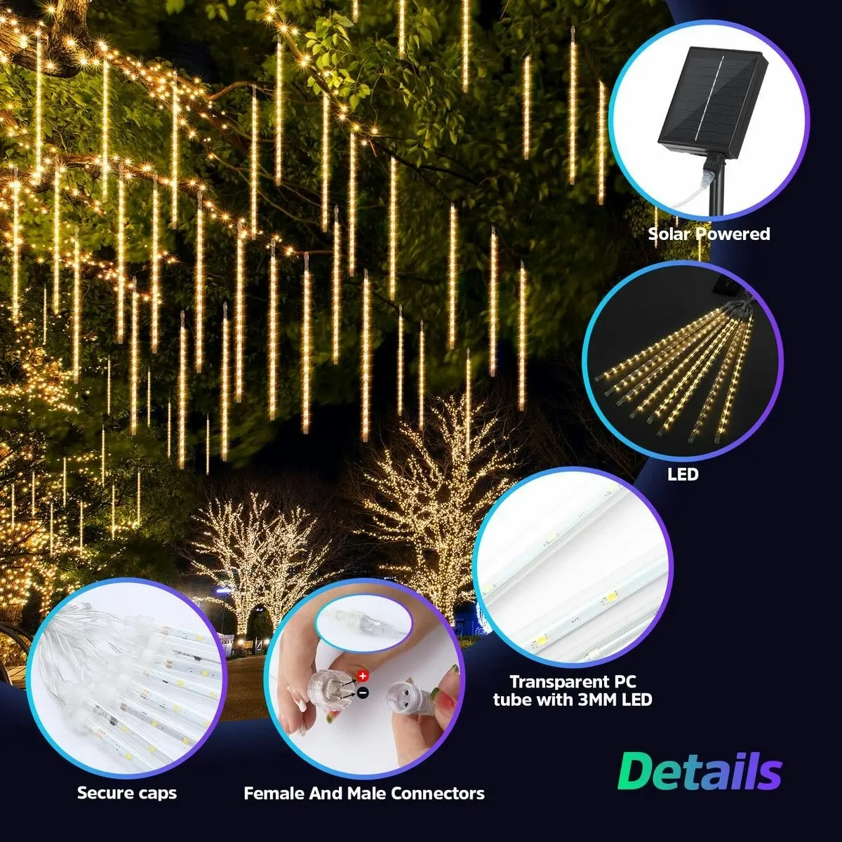 Ausway LED Solar Meteor Shower Rain Drop String Warm Lights Xmas Falling Star Tree Decor Night Outdoor Christmas Garden Waterproof