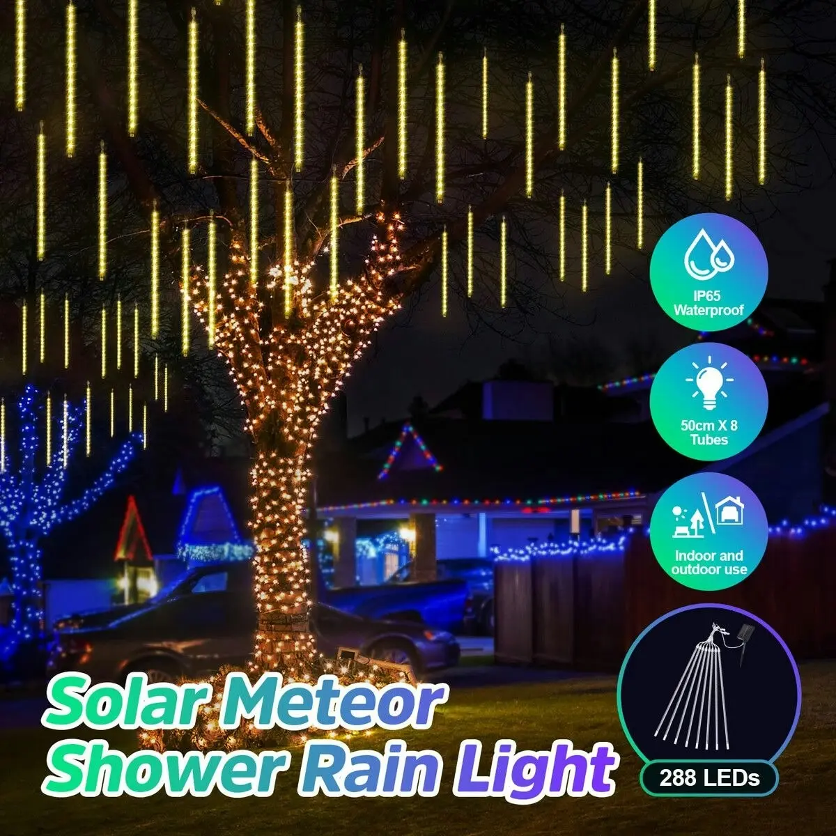 Ausway LED Solar Meteor Shower Rain Drop String Warm Lights Xmas Falling Star Tree Decor Night Outdoor Christmas Garden Waterproof