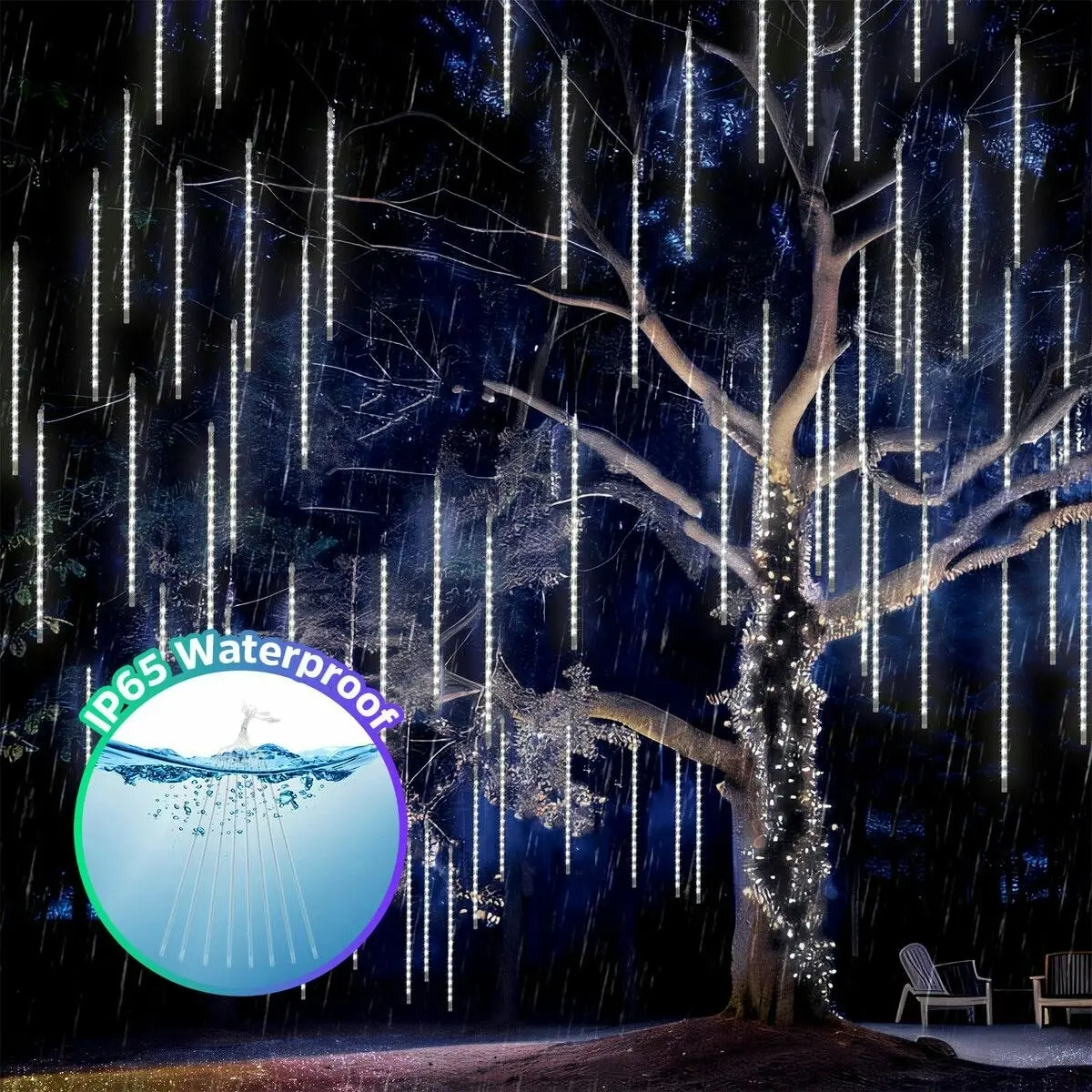 Ausway LED Solar Meteor Shower Rain Drop String White Lights Xmas Falling Star Tree Decor Night Outdoor Christmas Garden Waterproof