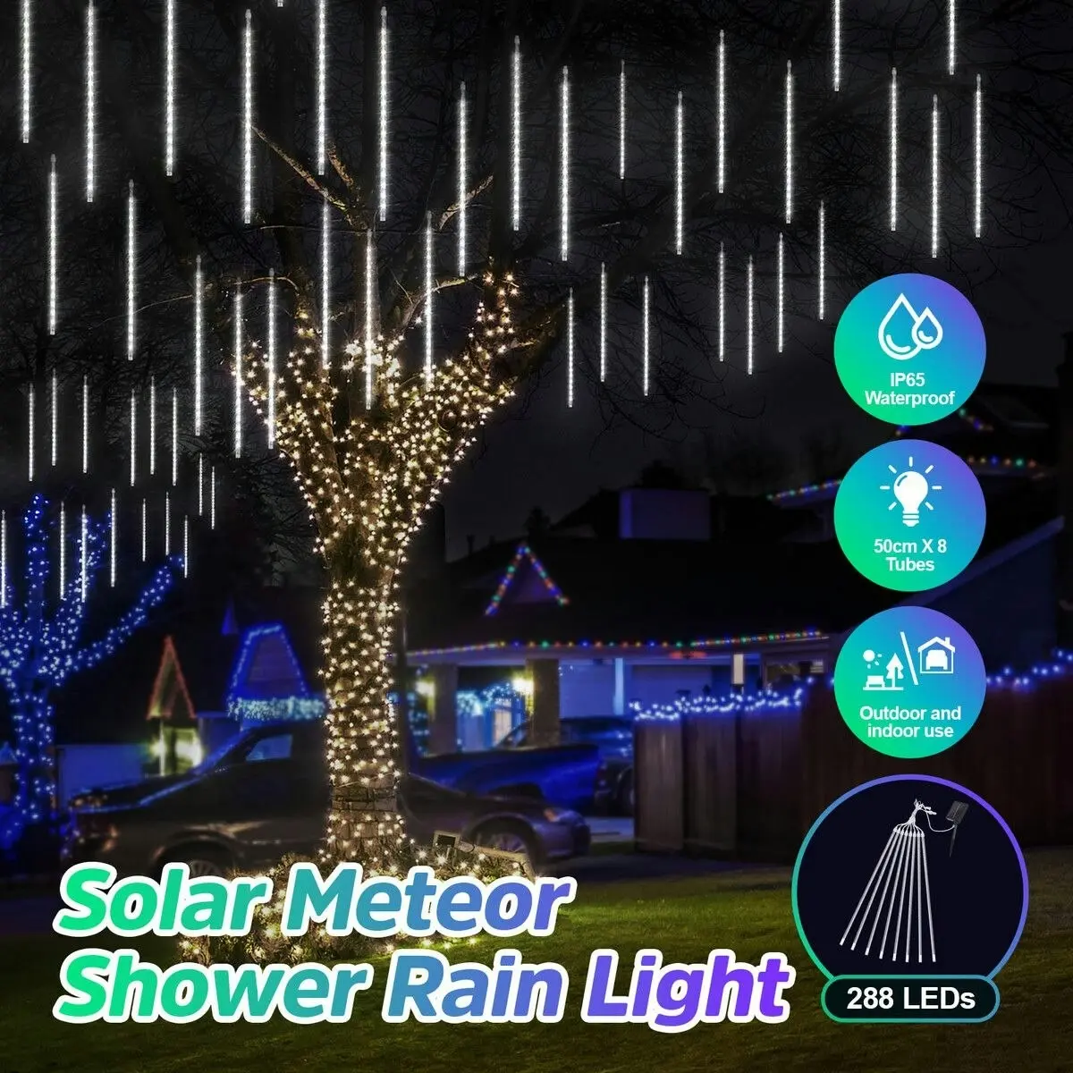 Ausway LED Solar Meteor Shower Rain Drop String White Lights Xmas Falling Star Tree Decor Night Outdoor Christmas Garden Waterproof