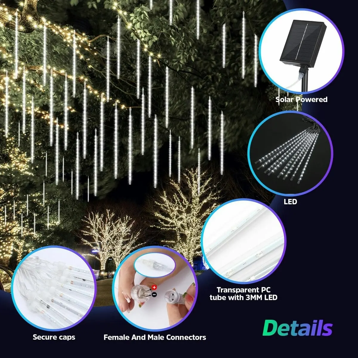 Ausway LED Solar Meteor Shower Rain Drop String White Lights Xmas Falling Star Tree Decor Night Outdoor Christmas Garden Waterproof