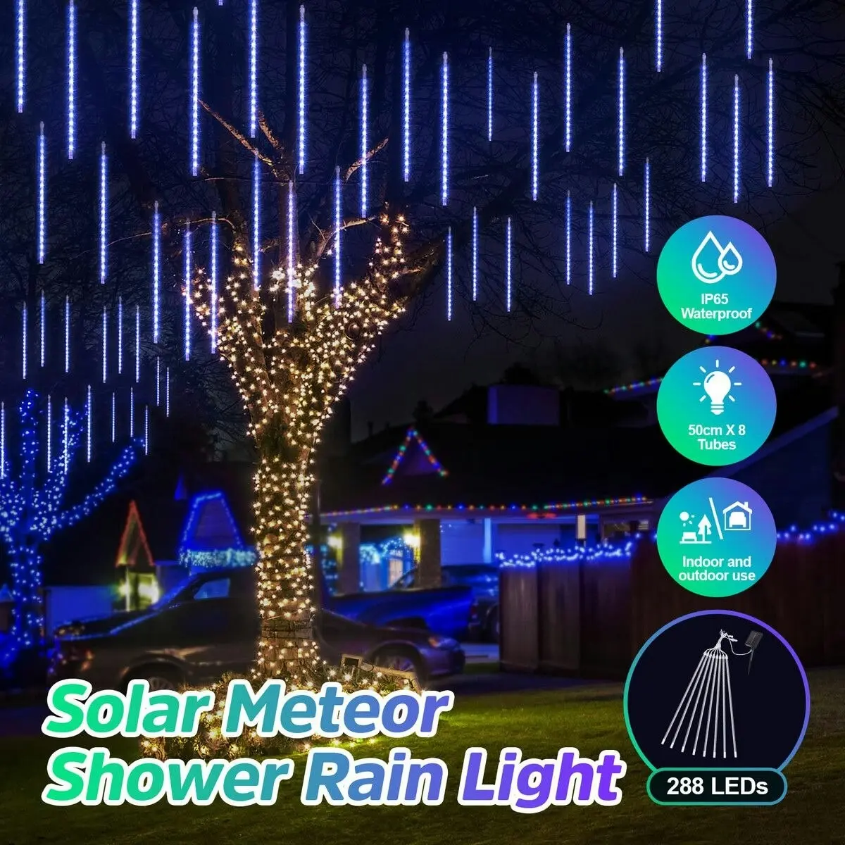 Ausway LED Solar Meteor Shower Rain Drop String Blue Lights Xmas Falling Star Tree Decor Night Outdoor Christmas Garden Waterproof