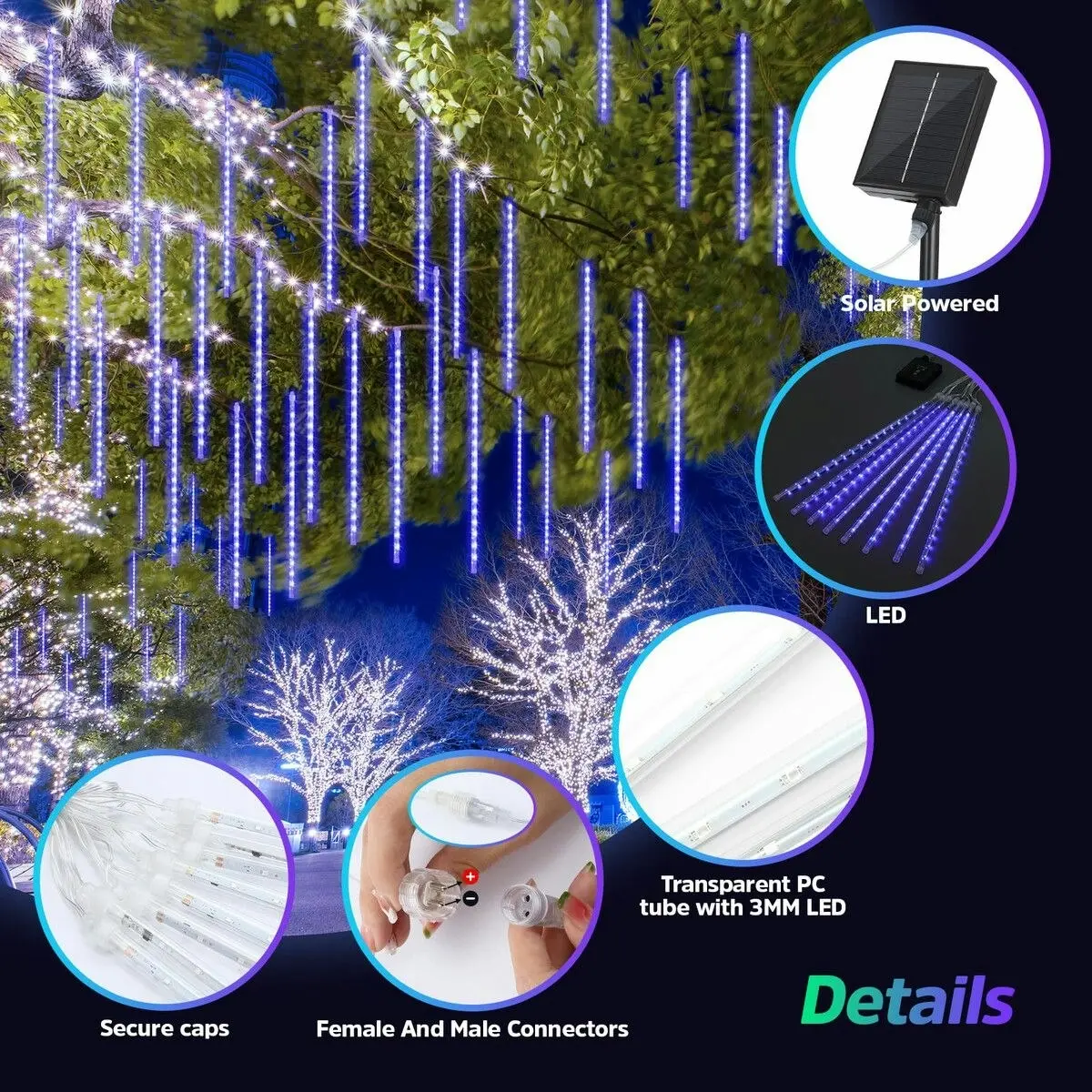 Ausway LED Solar Meteor Shower Rain Drop String Blue Lights Xmas Falling Star Tree Decor Night Outdoor Christmas Garden Waterproof